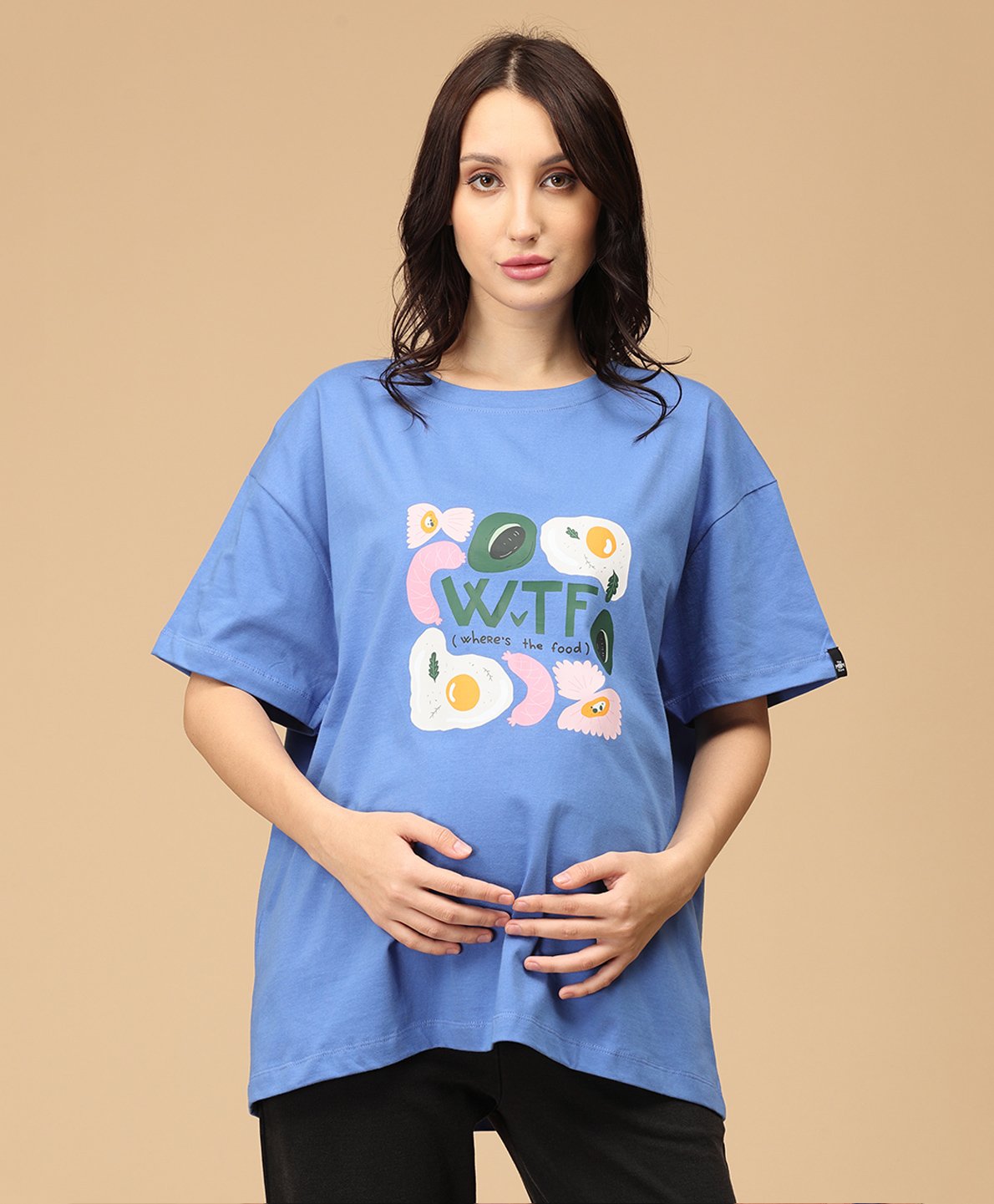 The Mom Store Cotton Half Sleeves Wheres The Food Text Printed Oversized Maternity Tee - Blue