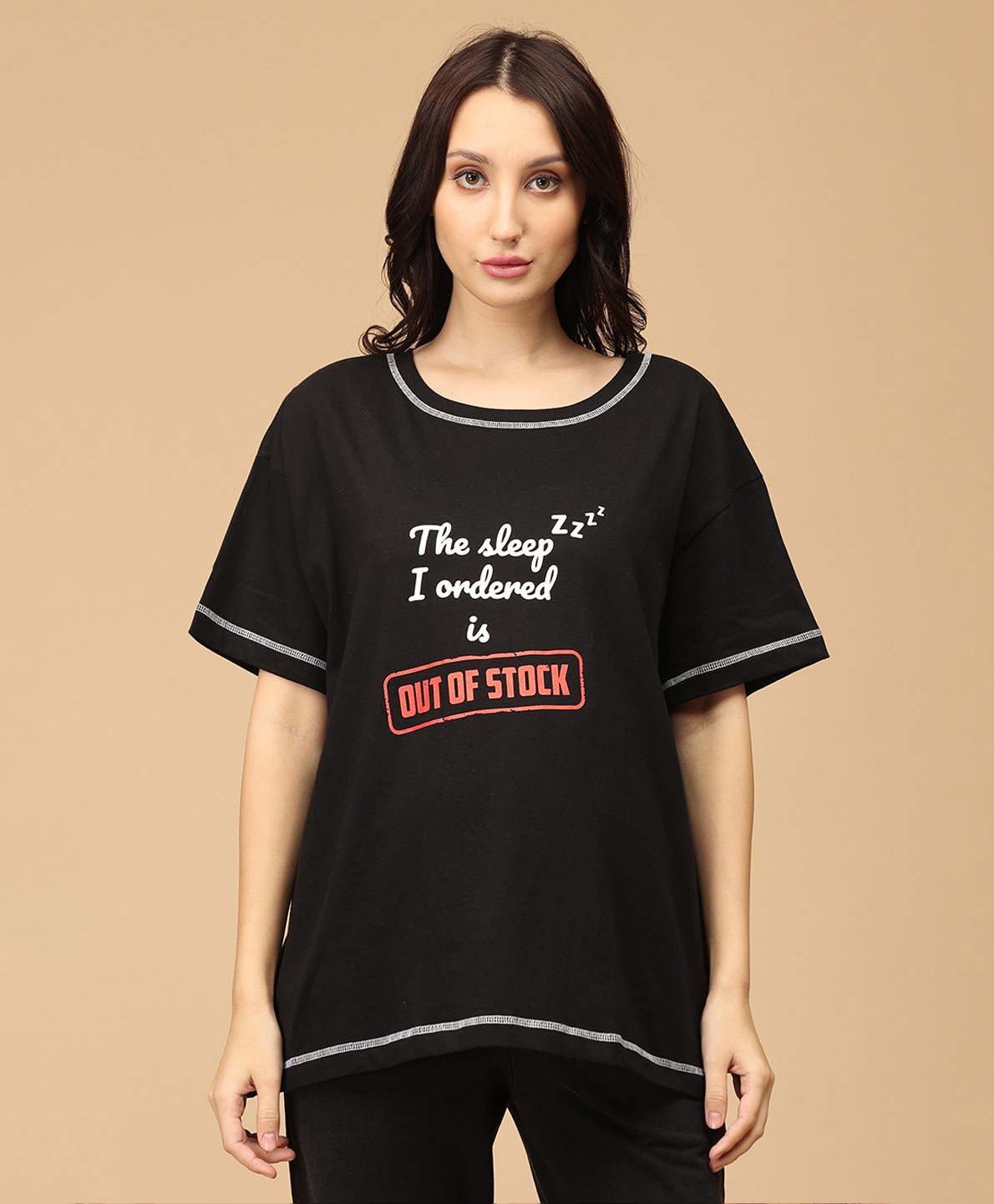 The Mom Store Cotton Half Sleeves The Sleep I Ordered Is Out Of Stock Text Printed Oversized Maternity Tee - Black-picture-20