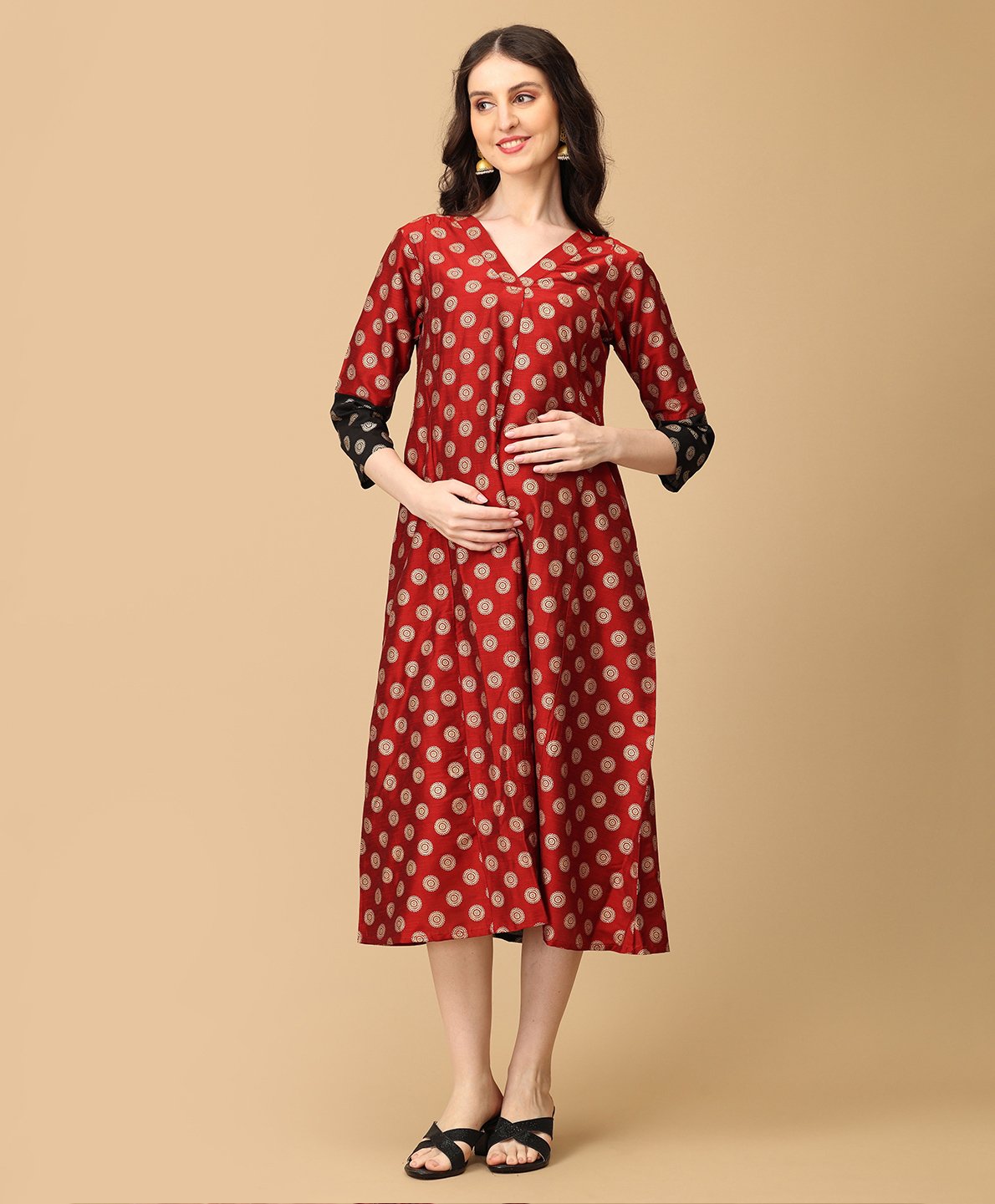 The Mom Store Cotton Three Fourth Sleeves Floral Foil Printed Maternity Dress - Maroon-picture-30