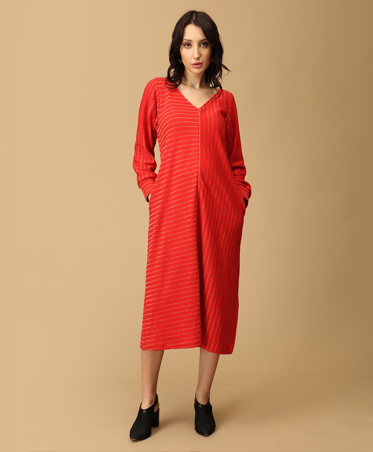 The Mom Store Cotton Full Sleeves Glitter Striped Maternity Dress With Nursing Access - Red-picture-38