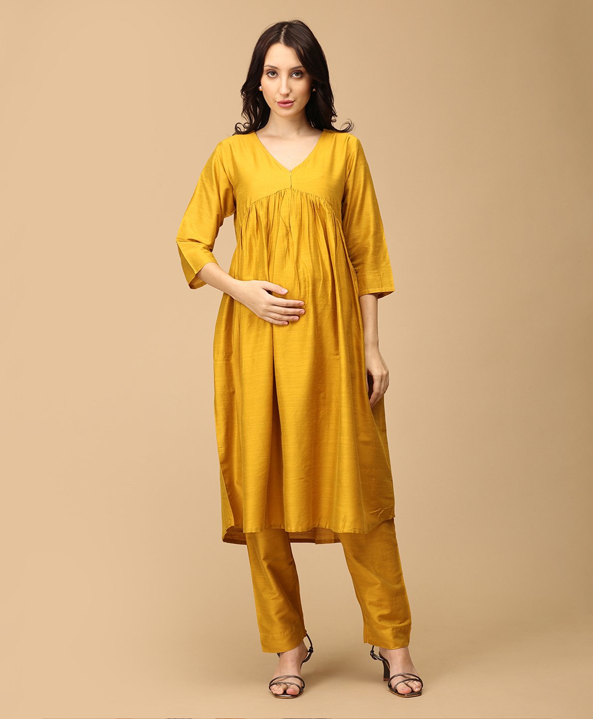 The Mom Store Silk Three Fourth Sleeves Zipper Nursing Access Solid Maternity Kurta With Coordinating Pant Set - Yellow-picture-34