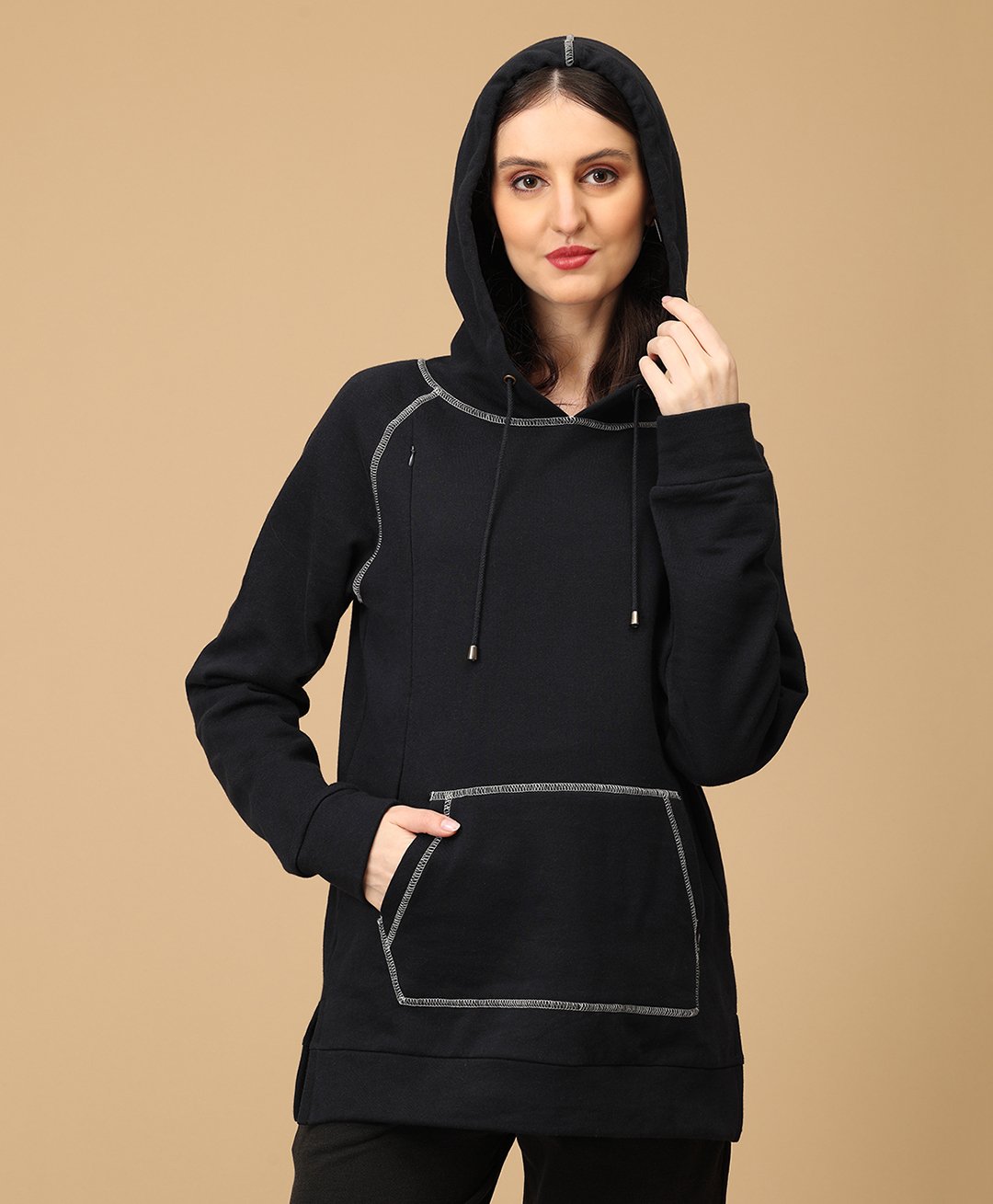 The Mom Store Cotton Full Sleeves Solid Maternity Hooded Top With Nursing Access - Navy Blue-image-15