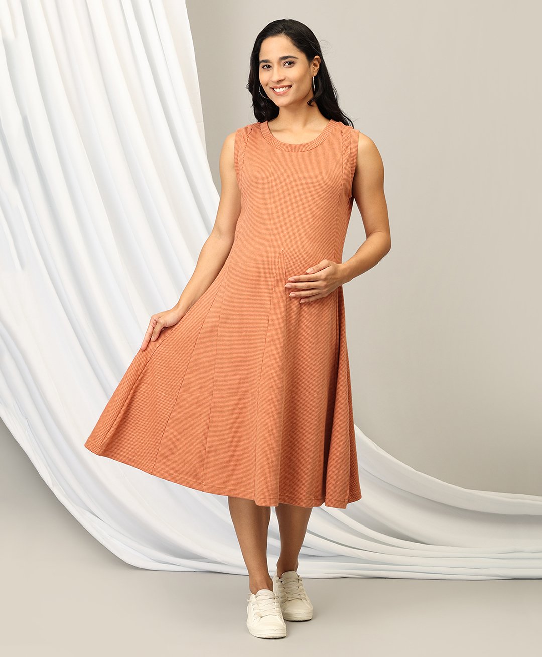 The Mom Store Cotton Sleeveless Solid Maternity Dress With Nursing Access - Orange-image-39