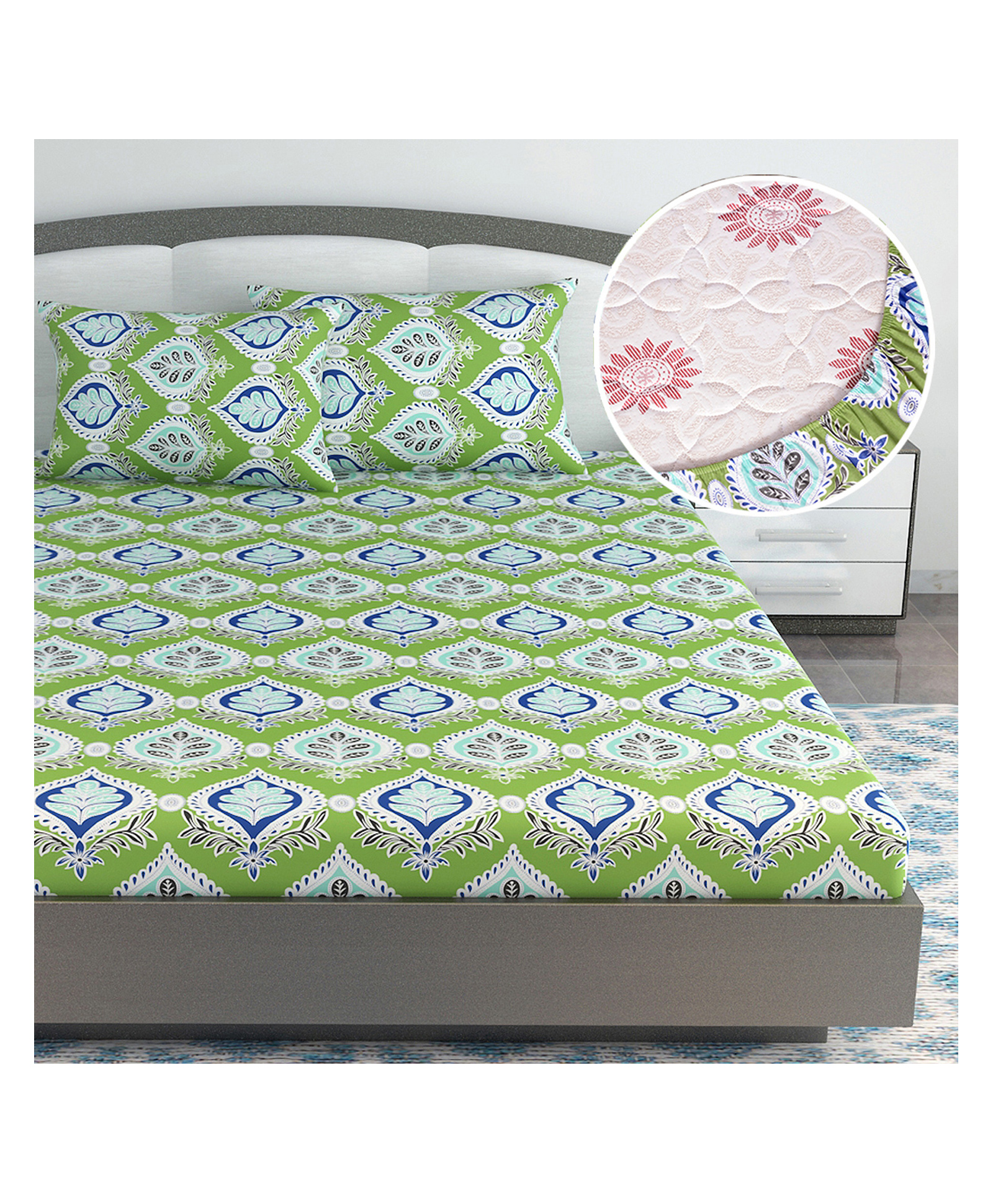 Divine Casa 144 TC Floral Print King Size Fitted Bedsheet | 100% Cotton, Skin-Friendly & Soft | 78 x 72 Inches, Forest Green-picture-17