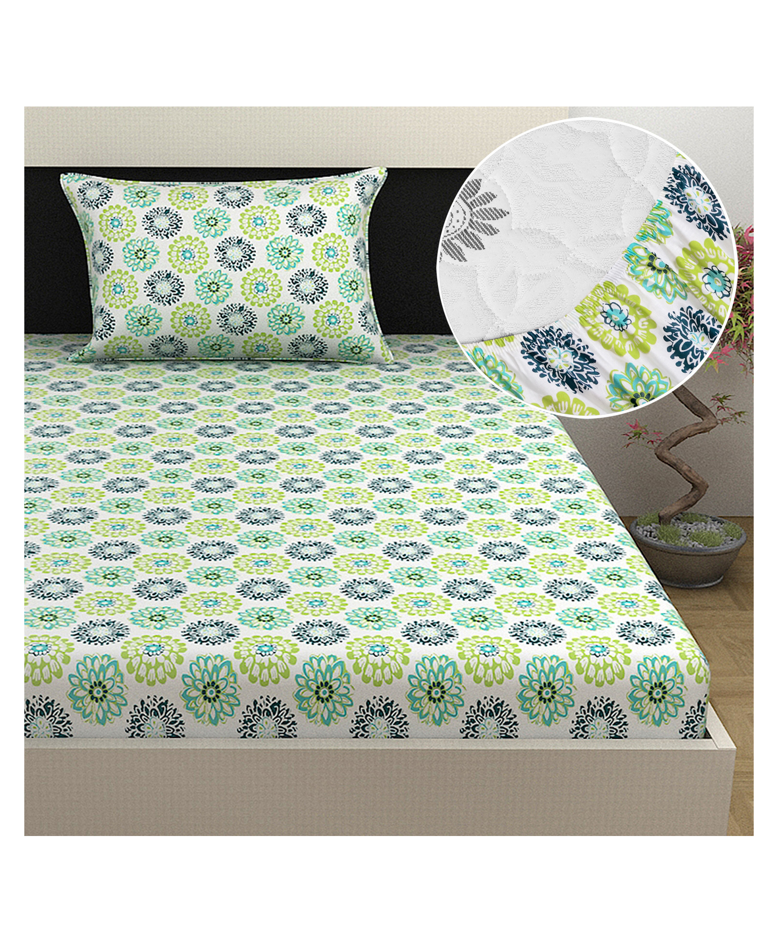 Divine Casa 100% Cotton Fitted Bedsheet Set for Single Bed | 144 TC Breathable & Wrinkle-Free Aesthetic Fitted Single Bedsheet Set - Celery-picture-26