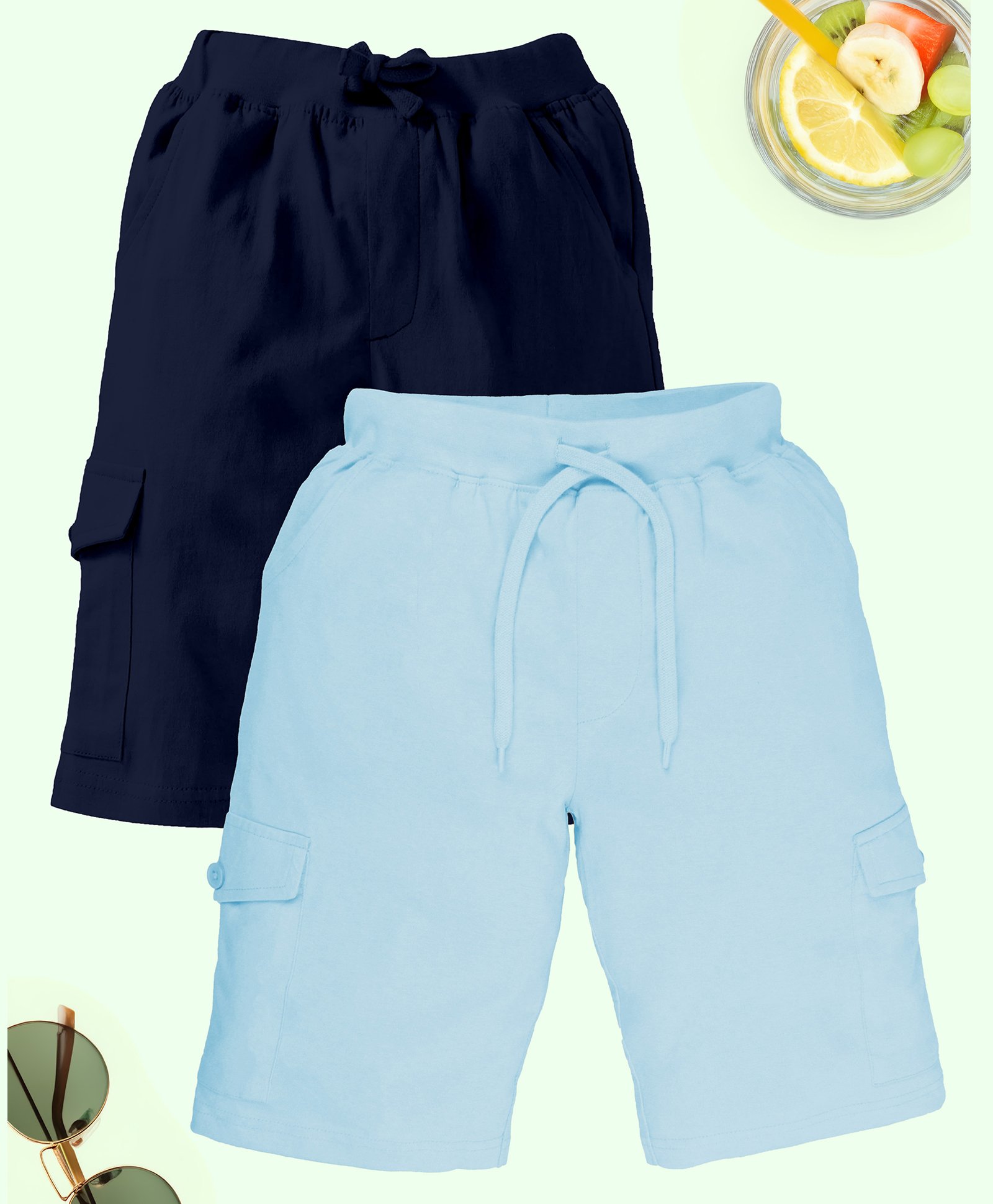 Kiddopanti Cotton Pack Of 2 Solid Cargo Shorts - Navy Blue & Light Blue-image-42
