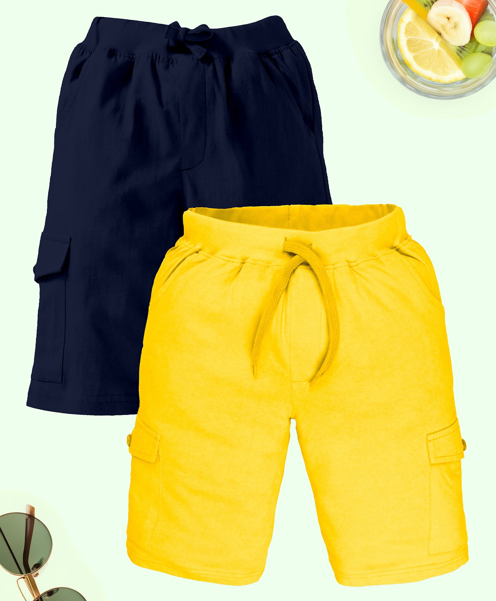 Kiddopanti Cotton Pack Of 2 Solid Cargo Shorts - Navy Blue & Yellow-image-10