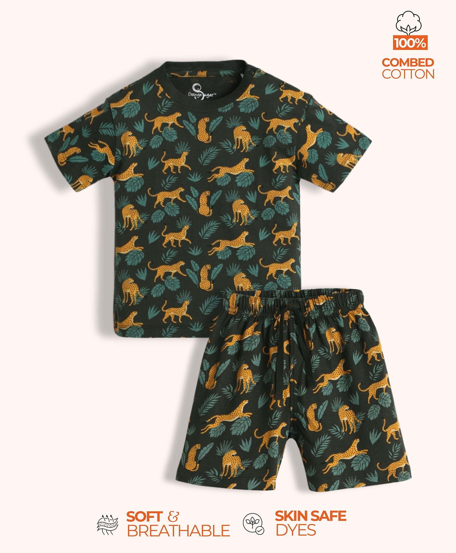Orange Sugar 100% Cotton Knit Half Sleeves Cheetah Printed Coordinating Tee & Shorts Set - Green-image-46
