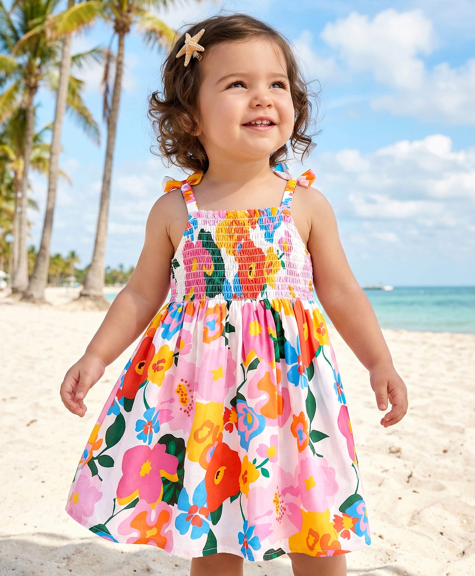 Babyhug Cotton Woven Sleeveless Anti Bacterial Floral Printed Frock with Smocked & Bow Detailing - White Blue & Orange-image-13