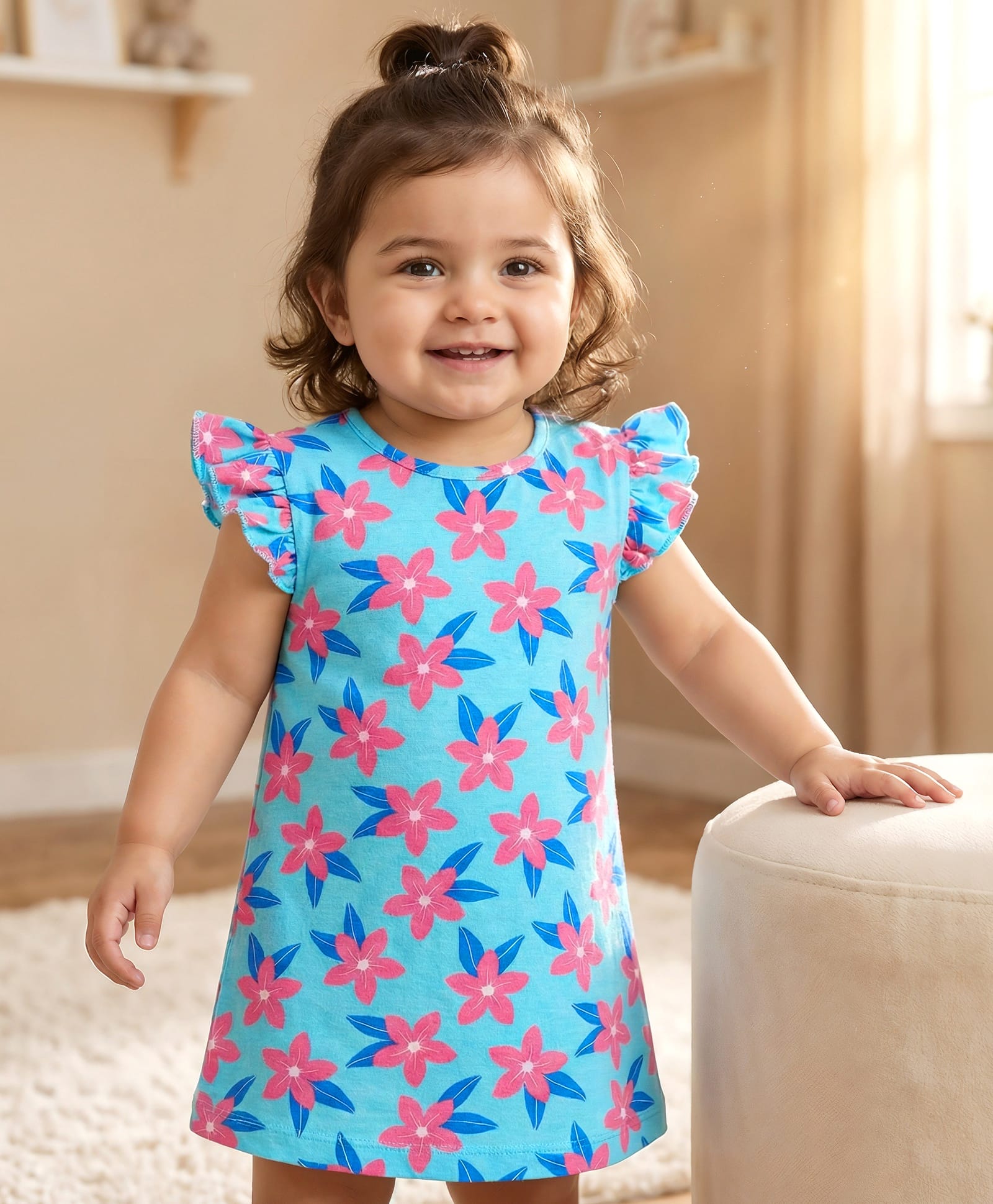 Babyhug Cotton Knit Frill Sleeves A Line Nighty with Floral Print - Light Blue-image-23