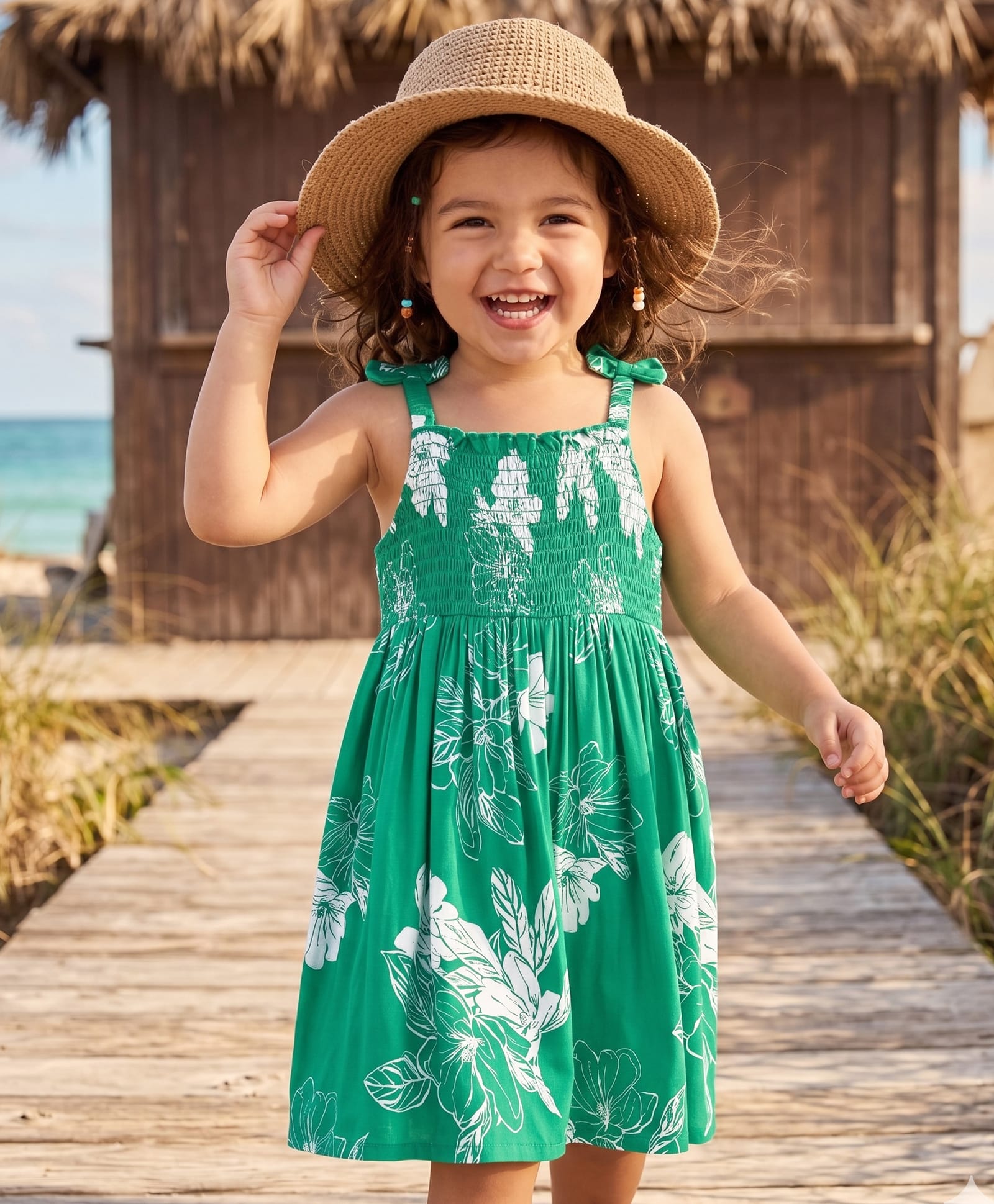 Babyhug Cotton Woven Sleeveless Frock With Floral Print & Smocking Detailing - Green-image-42
