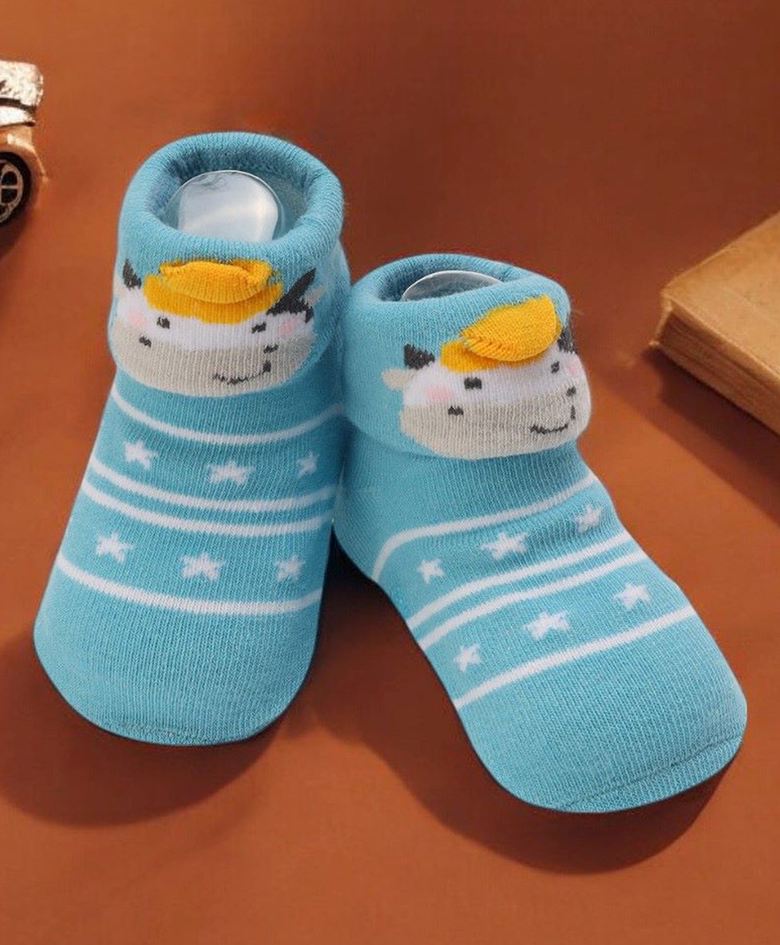 Yellow Bee Cotton Cow Designed & Applique Detailed Socks - Blue-image-38