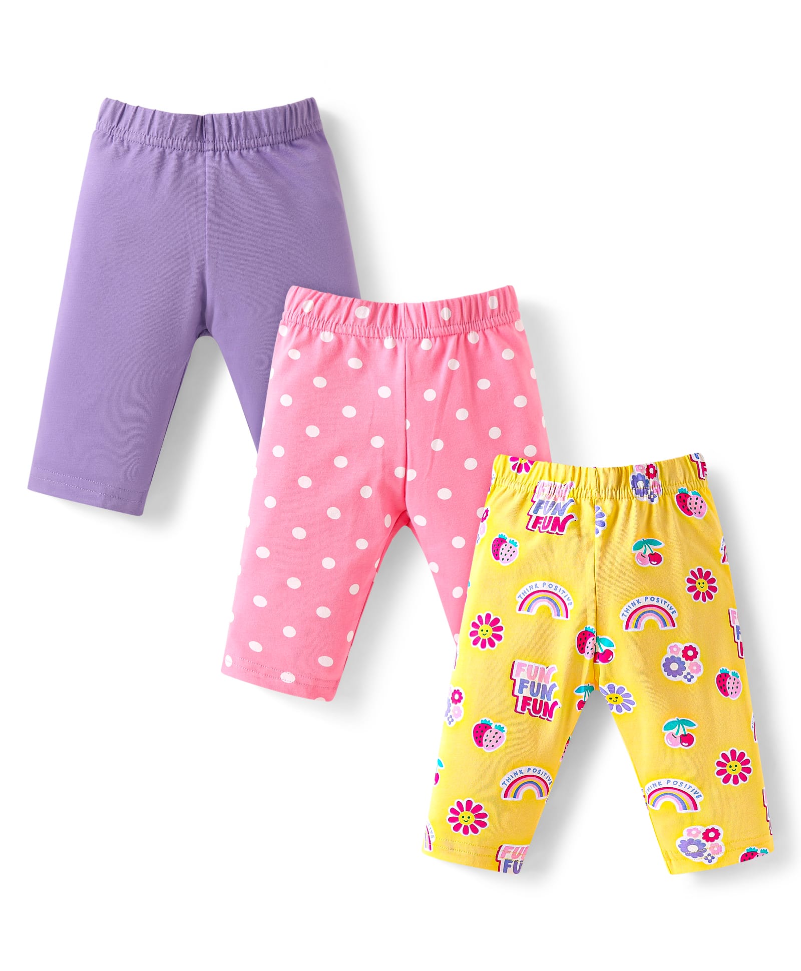 Babyhug Cotton Lycra Knit Three Fourth Length Leggings With Polka Dots & Floral Print Pack Of 3 - Pink & Yellow & Purple-image-35