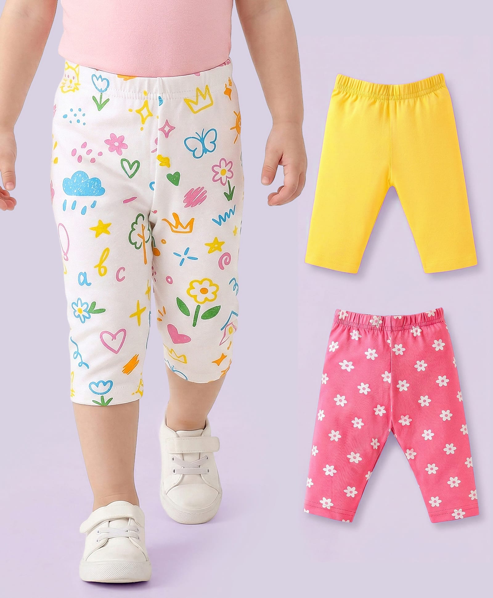 Babyhug Cotton Lycra Knit Three Fourth Length Leggings With Butterfly & Floral Print Pack Of 3 - Yellow Pink & White-picture-21