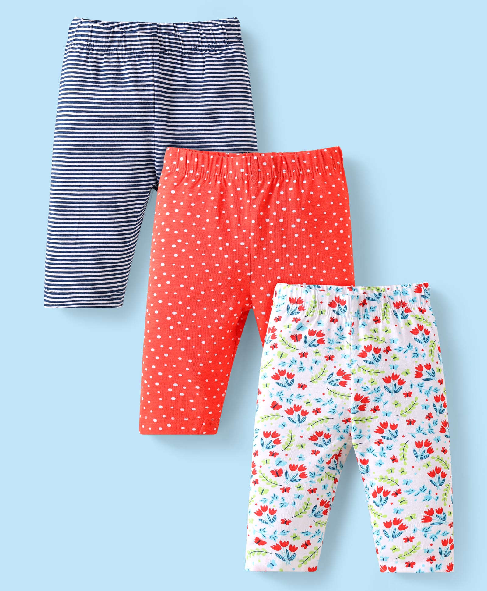 Babyhug Cotton Lycra Knit Three Fourth Length Leggings With Floral & Polka Dot Print Pack of 3 - White Red & Navy Blue-picture-17