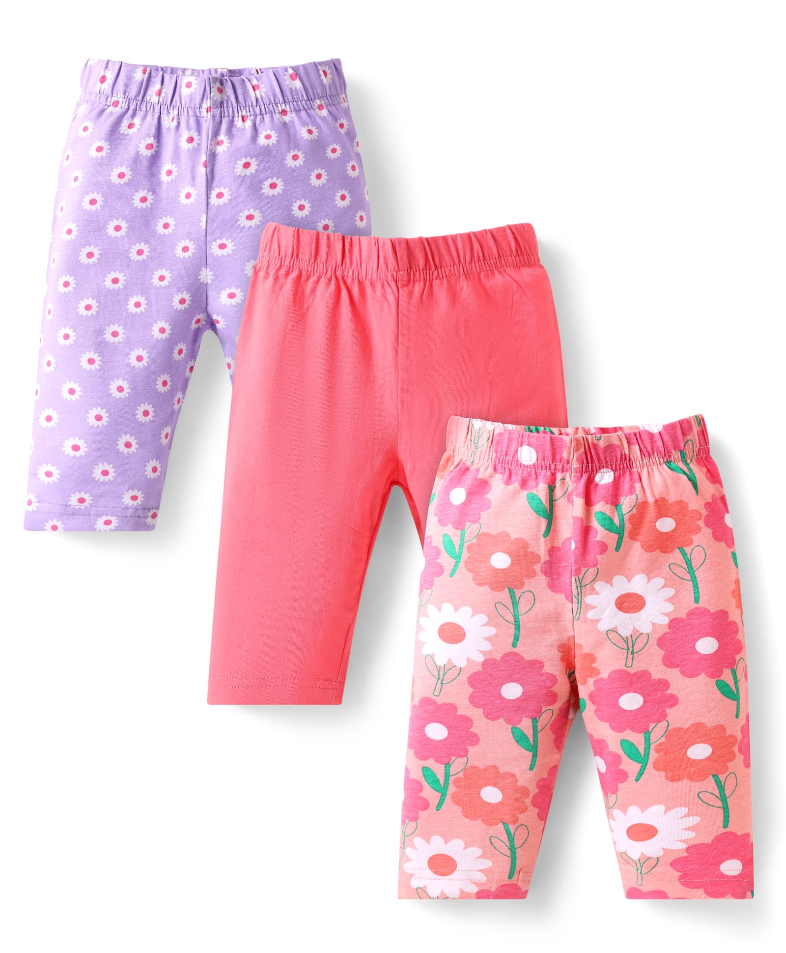 Babyhug Cotton Lycra Knit Three Fourth Length Leggings With Floral Print Pack of 3 - Dark Pink Lavender & Peach-image-46