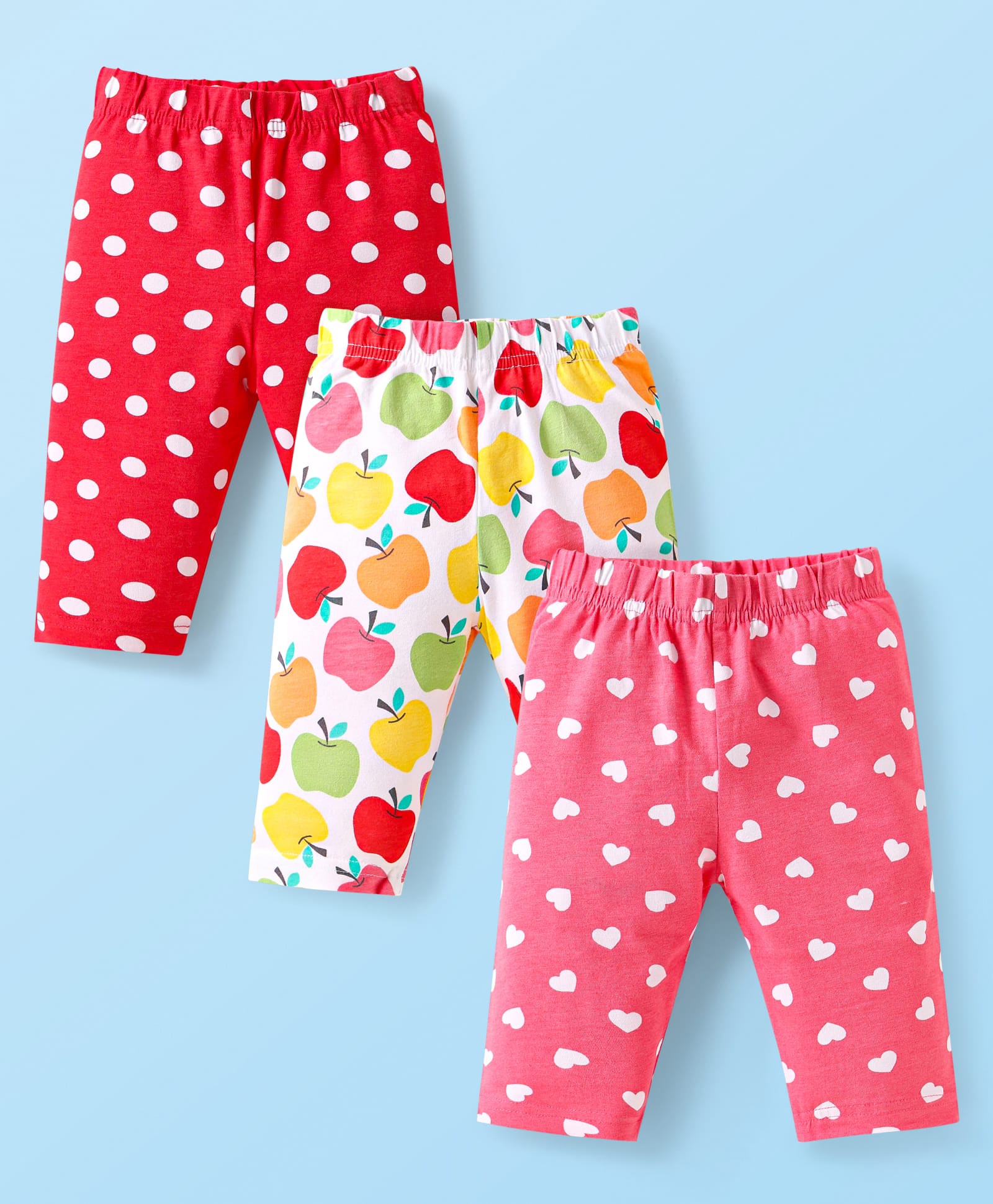 Babyhug Cotton Lycra Knit Three Fourth Length Leggings With Polka Dot Heart & Fruit Print Pack of 3 - Dark Pink White & Red-picture-27