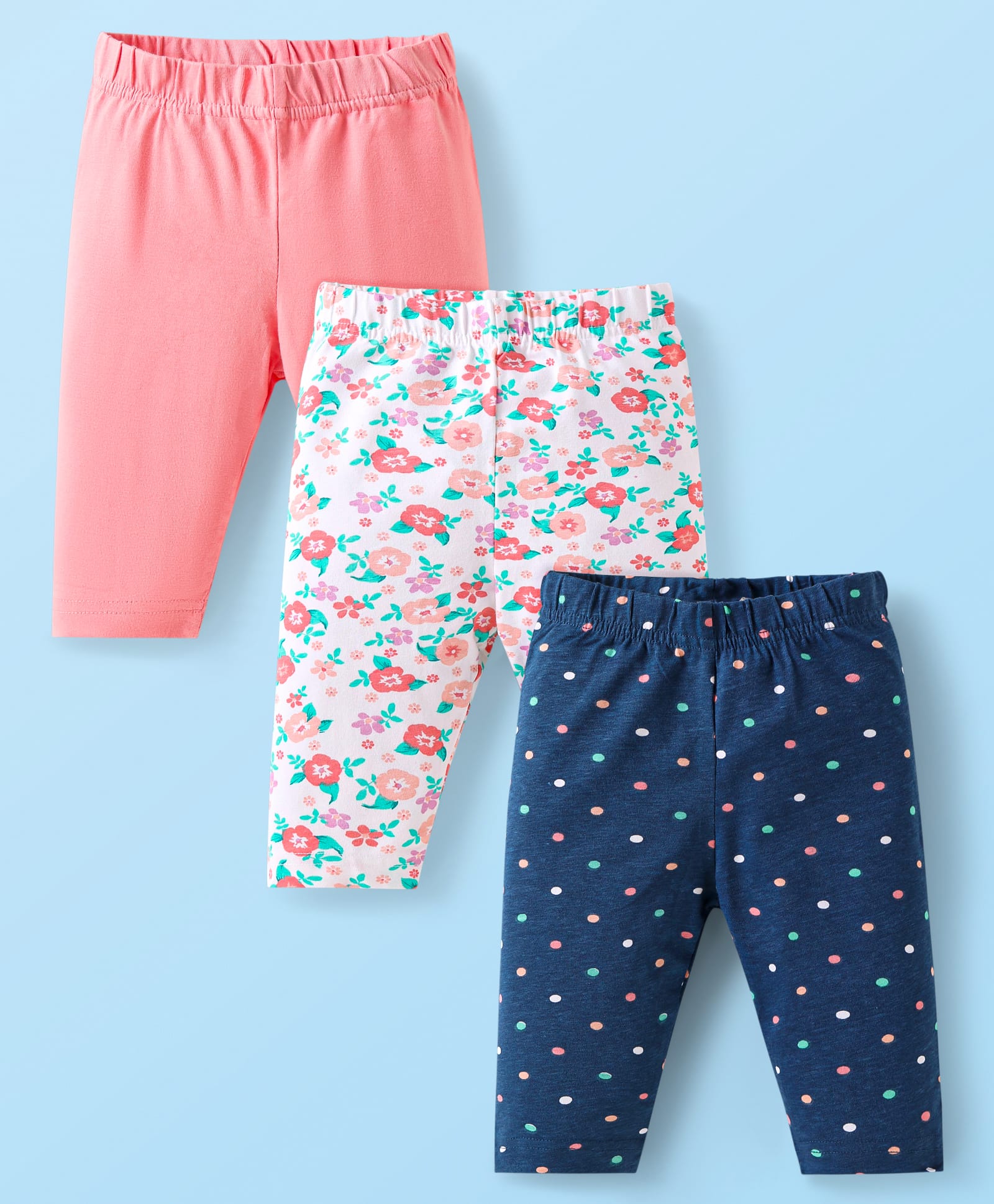 Babyhug Cotton Lycra Knit Three Fourth Length Leggings With Polka Dot & Floral Print Pack of 3 - Navy Blue White & Pink-picture-28