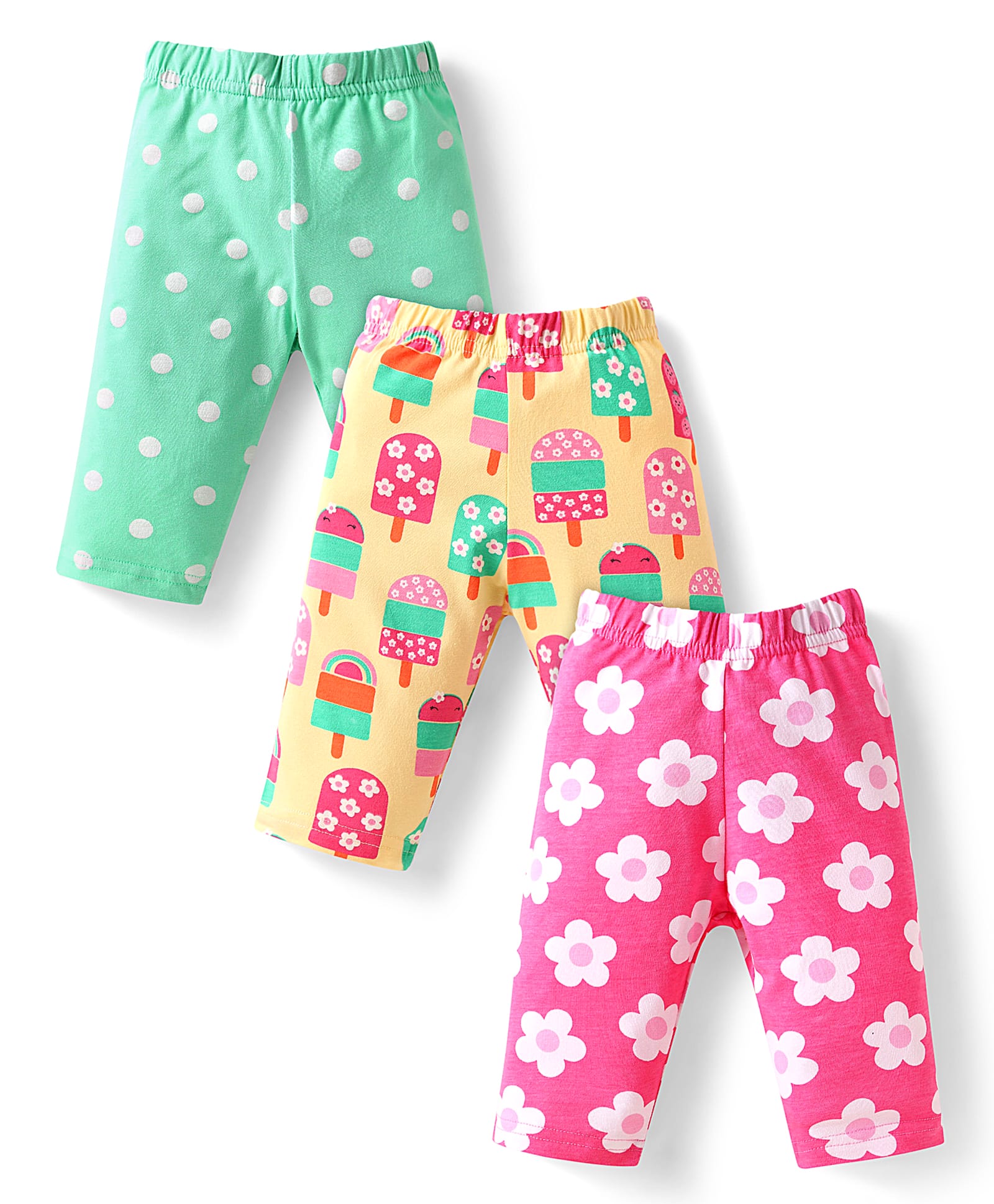 Babyhug Cotton Lycra Knit Capri Length Leggings With Floral & Ice Cream Print Pack of 3 - Dark Pink Yellow & Sea Green-image-6