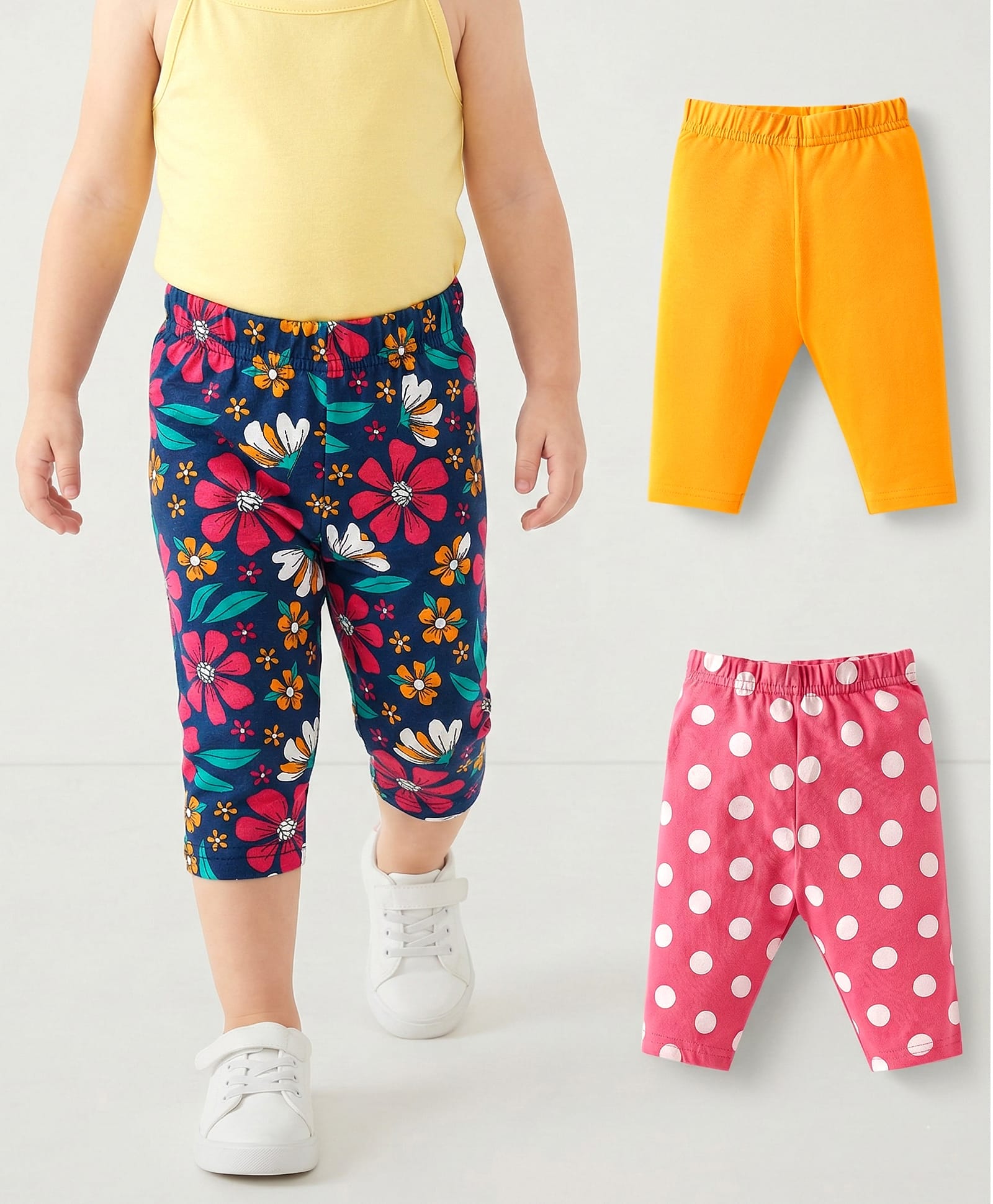 Babyhug Cotton Lycra Knit Three Fourth Length Leggings With Polka Dots & Floral Print Pack Of 3 - Dark Pink & Navy Blue-picture-11