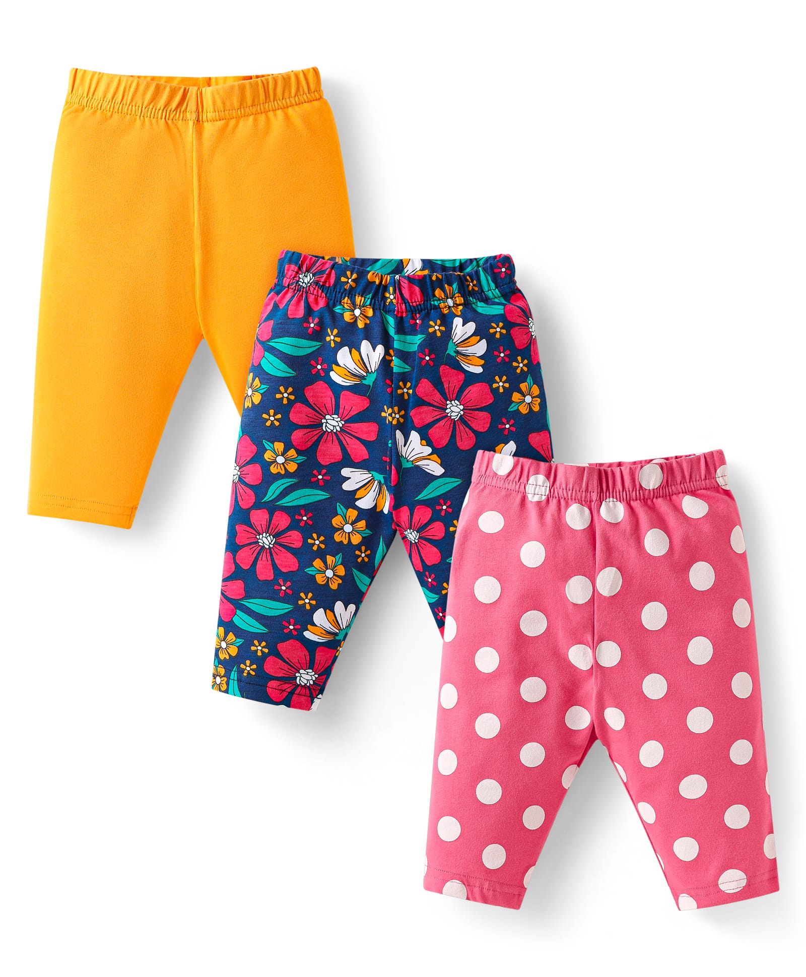 Babyhug Cotton Lycra Knit Three Fourth Length Leggings With Polka Dots & Floral Print Pack Of 3 - Dark Pink & Navy Blue