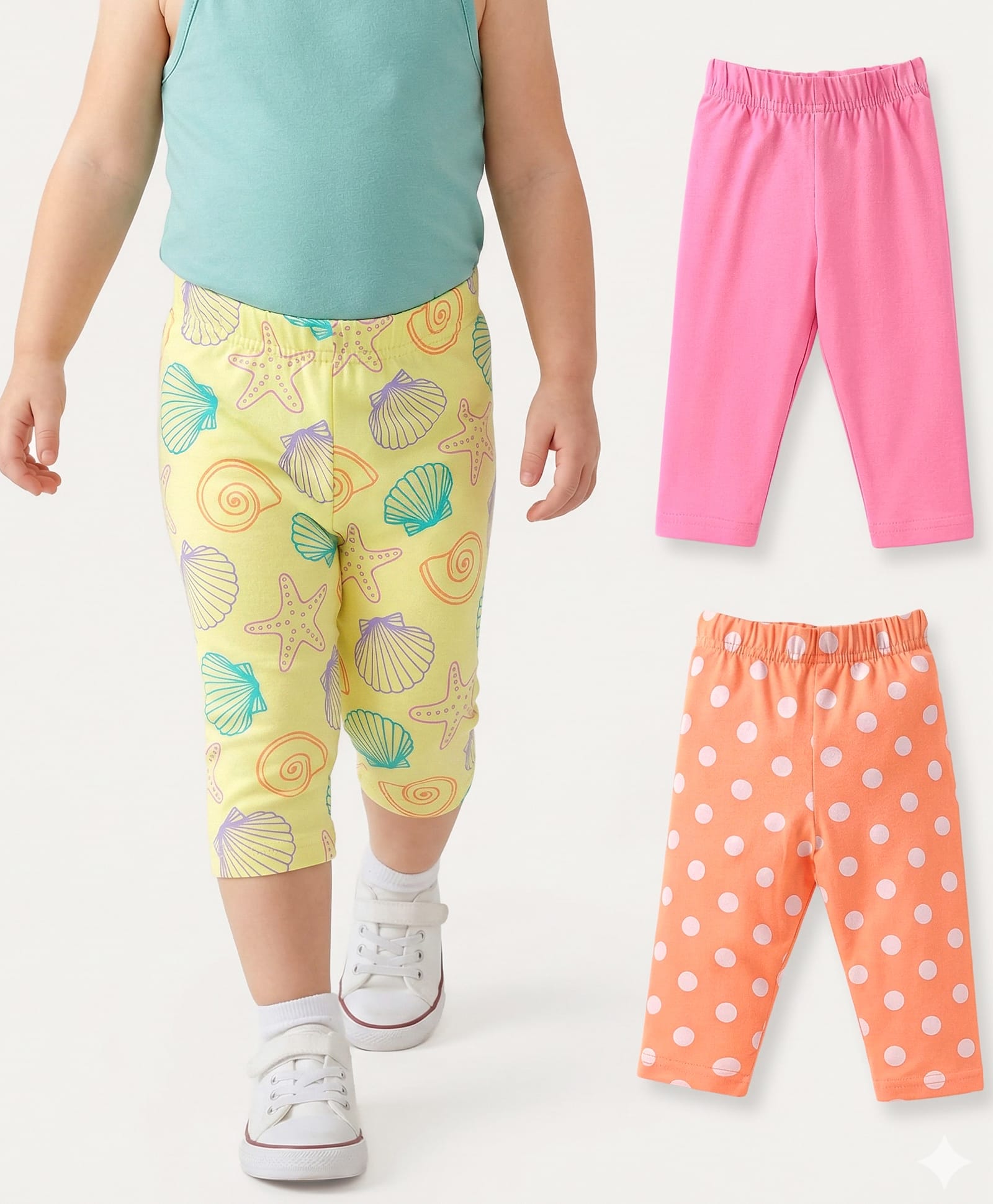 Babyhug Cotton Lycra Knit Three Fourth Length Leggings With Polka Dots & Star Fish Print Pack of 3 - Pink Yellow & Orange-picture-14