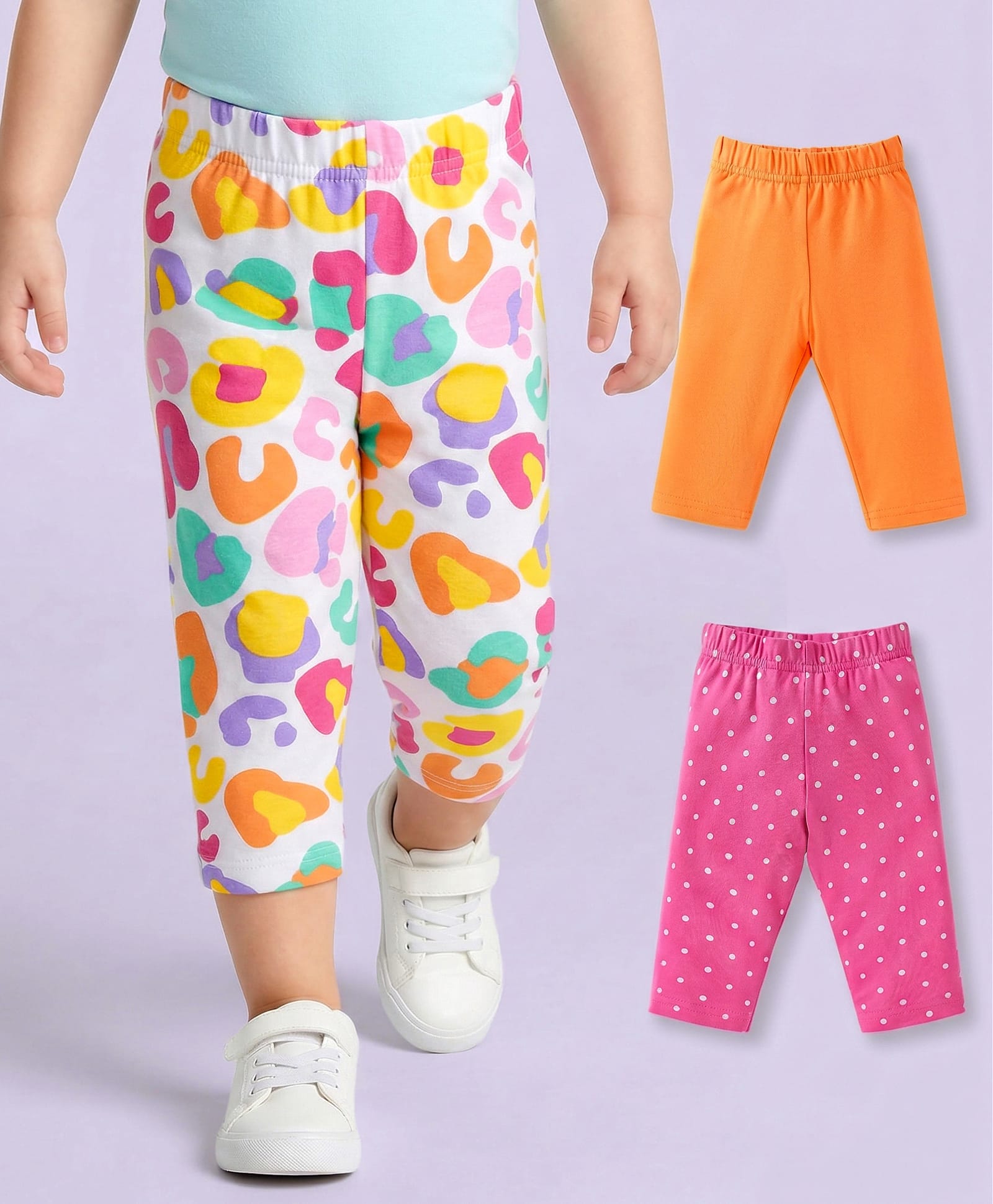 Babyhug Cotton Lycra Three Fourth Leggings With Polka Dot Pack Of 3 - Pink White & Orange-image-40