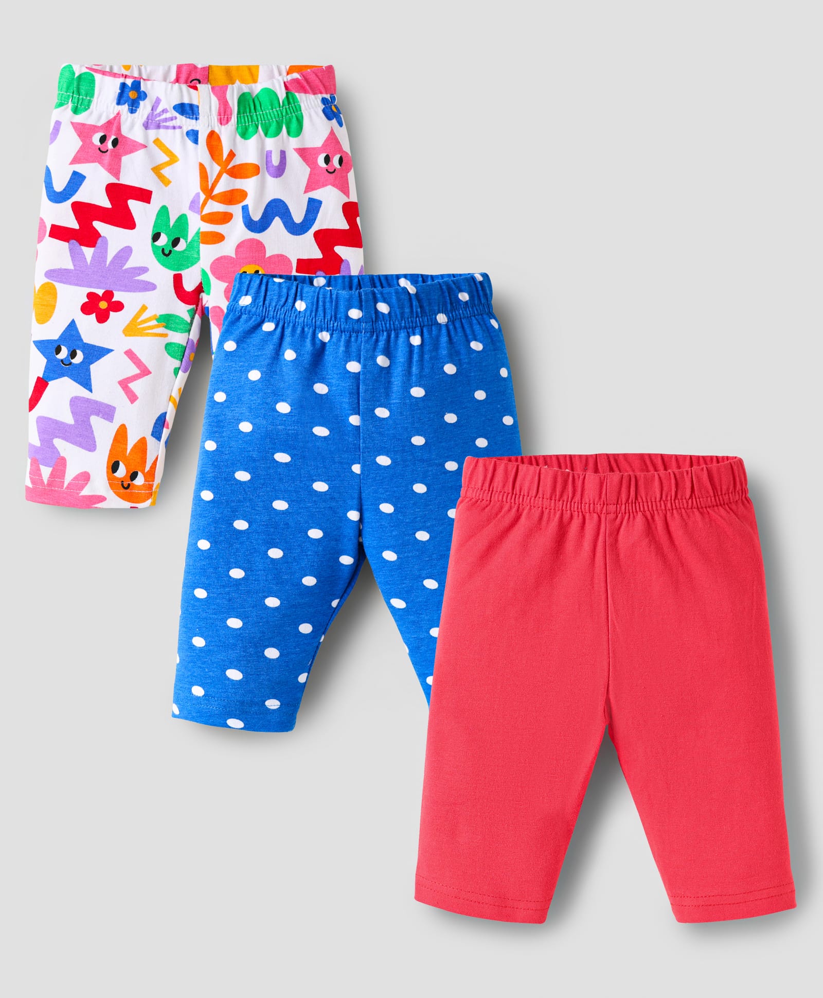 Babyhug Cotton Lycra Knit Three Fourth Leggings With Polka Dots & Floral Print Pack Of 3 - Red Blue & White-picture-28