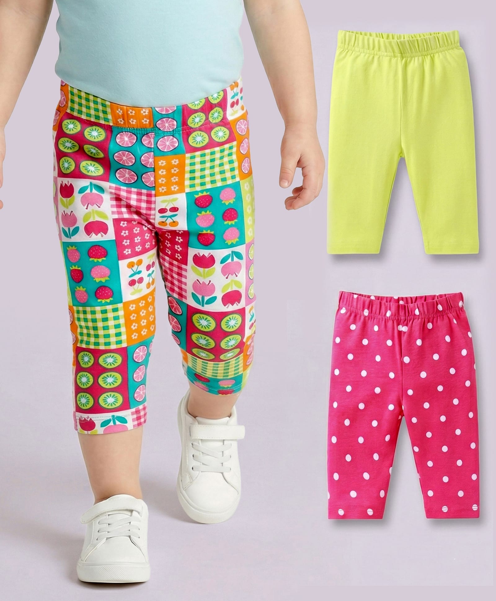Babyhug Cotton Lycra Knit Three Fourth Length Leggings With Polka Dot & Floral Print Pack of 3 - Pink & Light Green-image-27