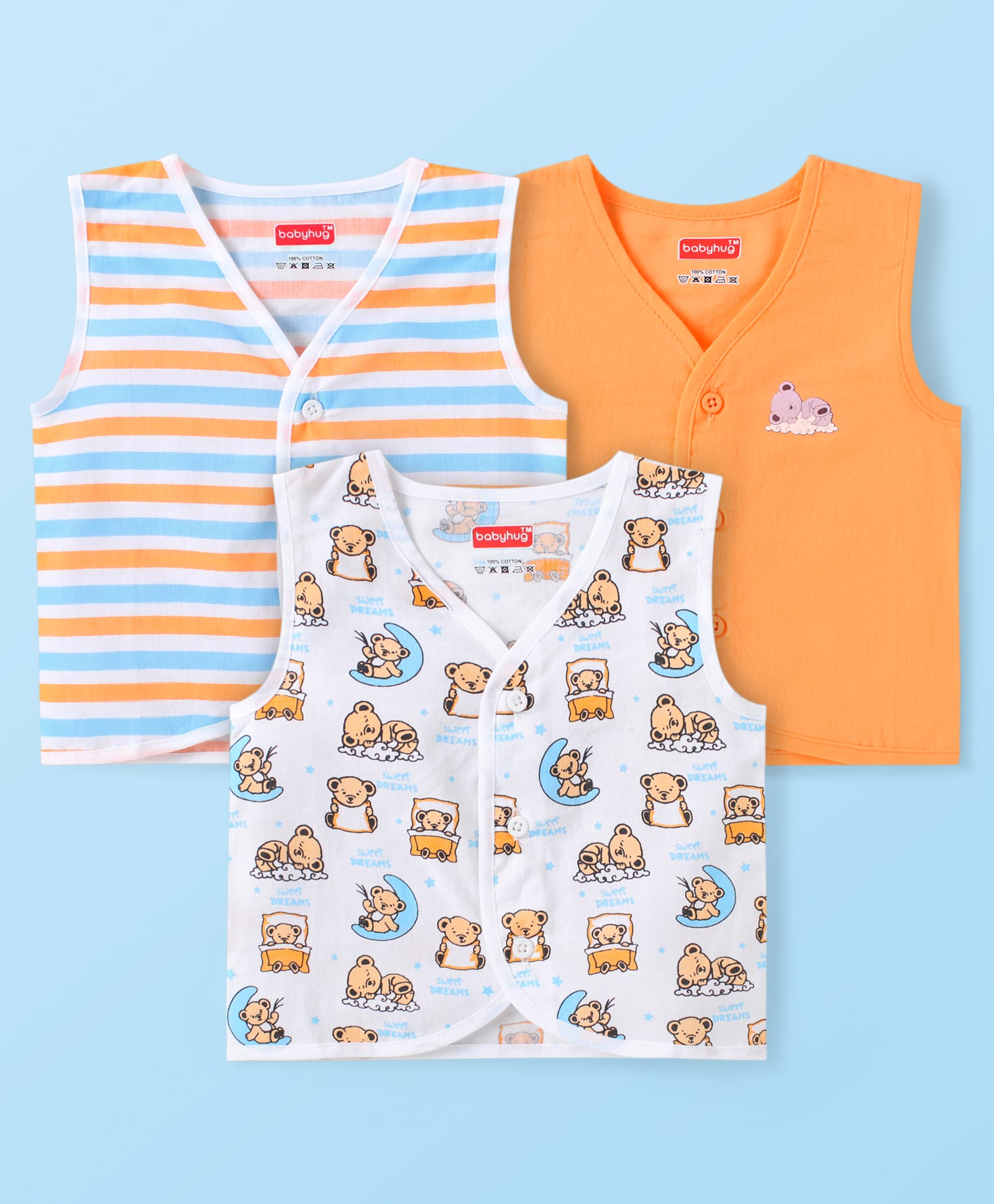 Babyhug 100% Cotton Woven Sleeveless Jhablas with Stripes & Teddy Bear Print Pack of 3 - White Orange & Sky Blue-image-46