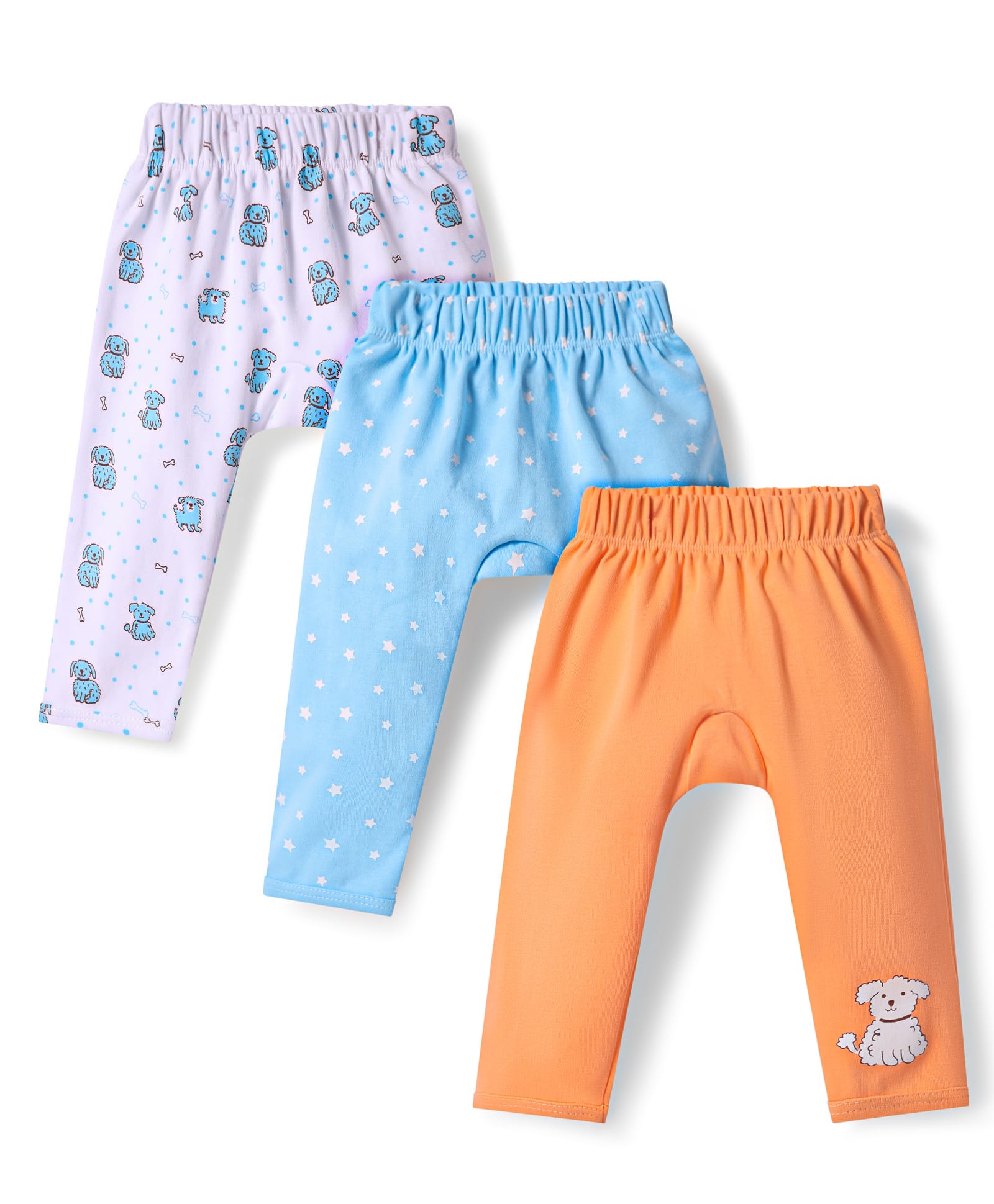 Doodle Poodle Interlock Knit Full Length Diaper Leggings with Star & Puppy Print - White Light Blue & Orange-picture-21