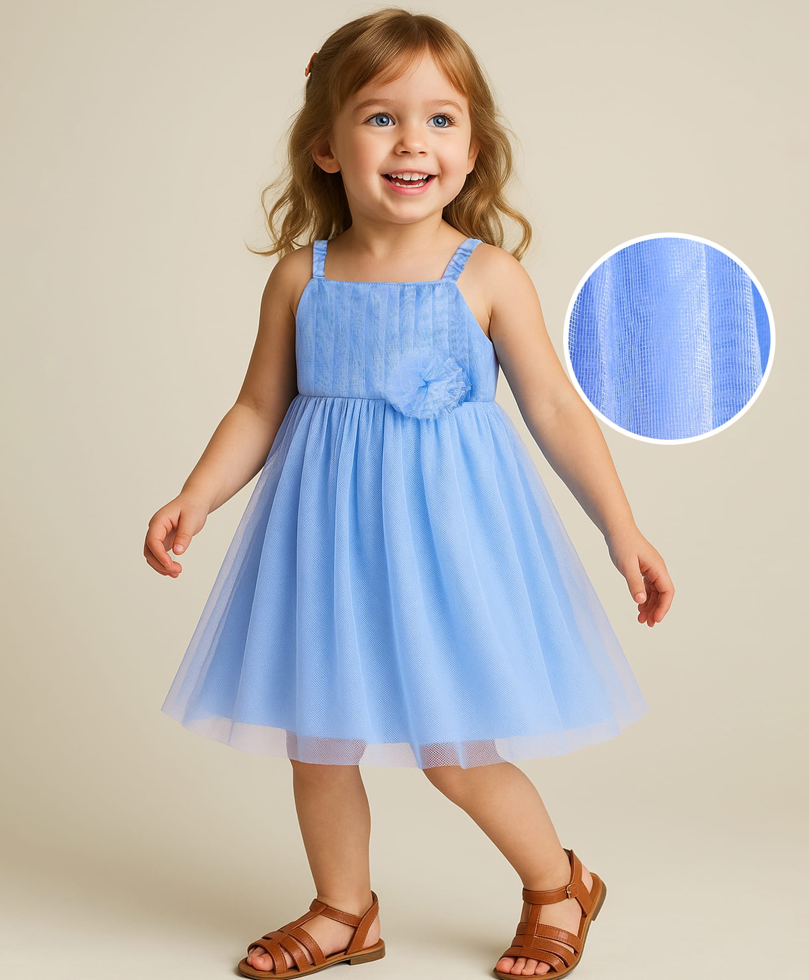 Babyhug Woven Sleeveless Fit & Flare Mesh Party Dress with Floral Corsage - Light Blue-image-31
