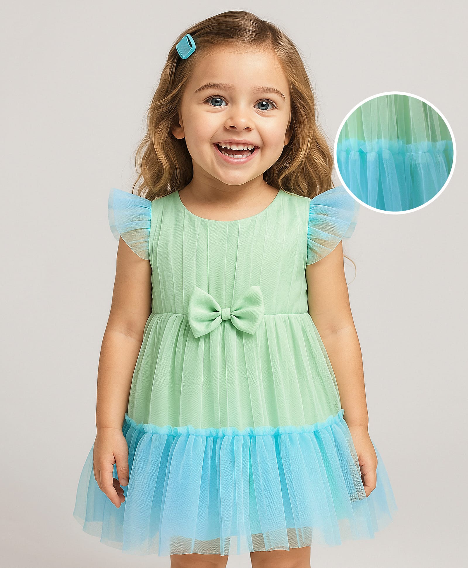 Babyhug Woven Frill Sleeves Solid Mesh Party Dress With Bow Applique - Light Blue-image-25