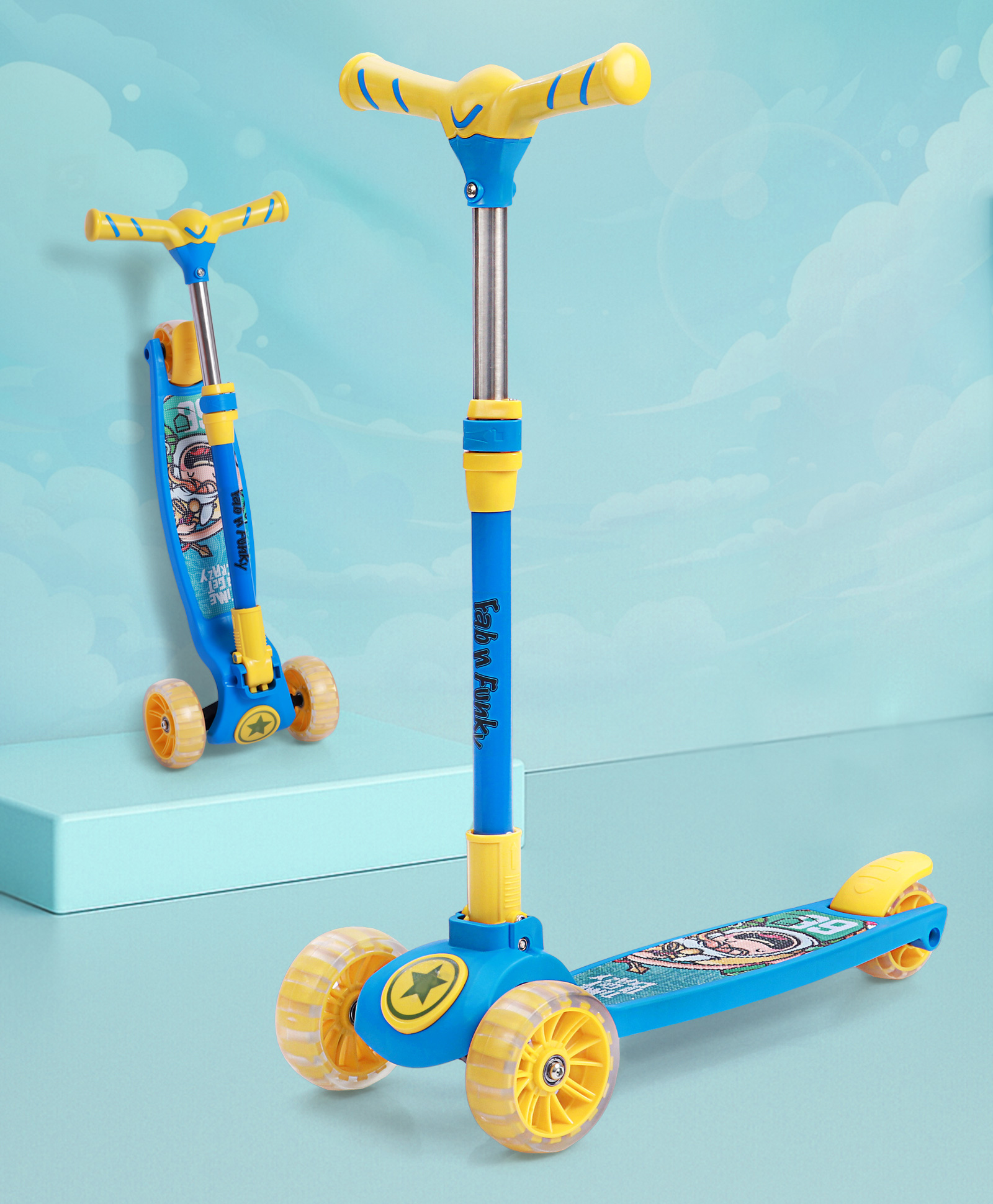Kids 3 Wheel Kick Scooter with Led Wheels - Blue Yellow| Adjustable Height | Music | Lean-to-Steer | Foldable Design | Toy for 3 to 10 Yrs Boys & Girls| Sport Gift| Physical Activity