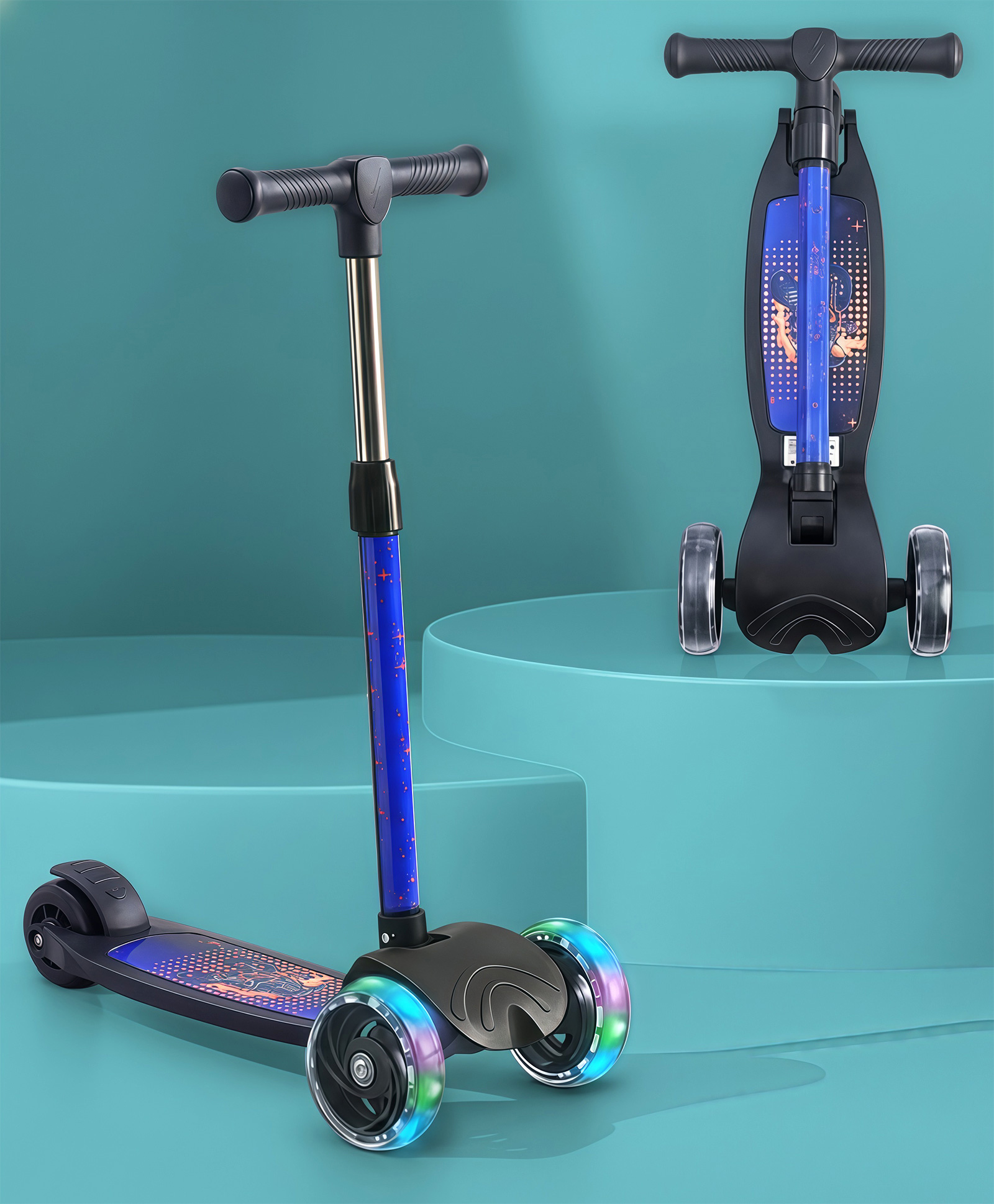 3 Wheel Foldable Kids Scooter With LED Lights & 4 Level Adjustable Handle Bar - Black