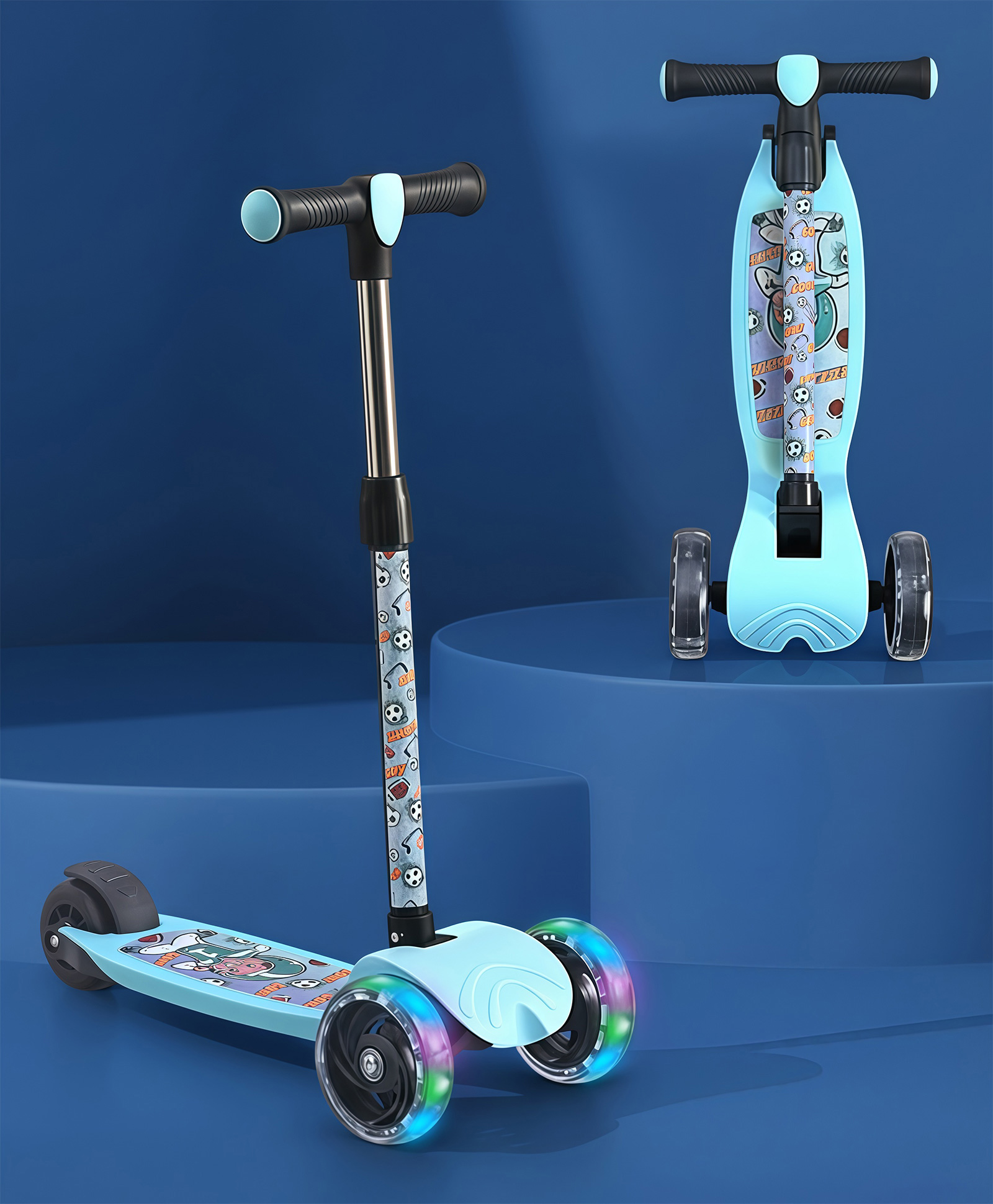 3 Wheel Foldable Kids Scooter With Led Lights And 4 Level Adjustable Handle Bar - Light Blue