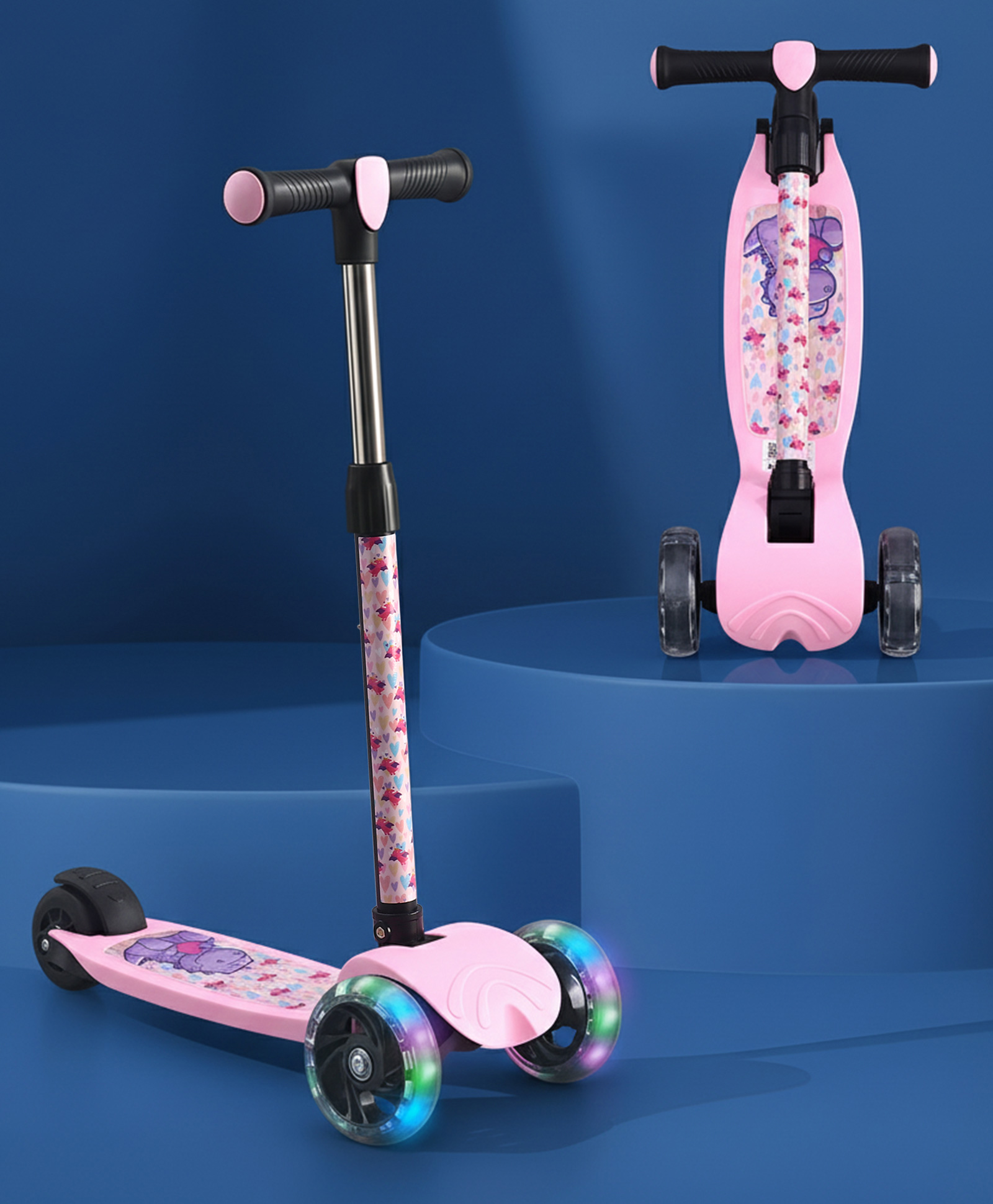 Bolt 3 Wheels Kids Scooter With Led Wheels-Purple Pink| Foldable and Portable| Lean to Steer| Stable Base| Durable Smooth Wheels| 4 Level Height Adjustment