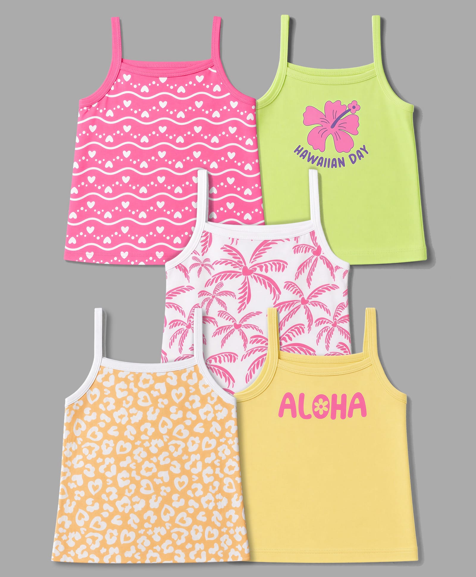 Doodle Poodle 100% Cotton Single Jersey Knit Sleeveless Slips with Floral & Hearts Print Pack of 5 - Pink White & Yellow-picture-18