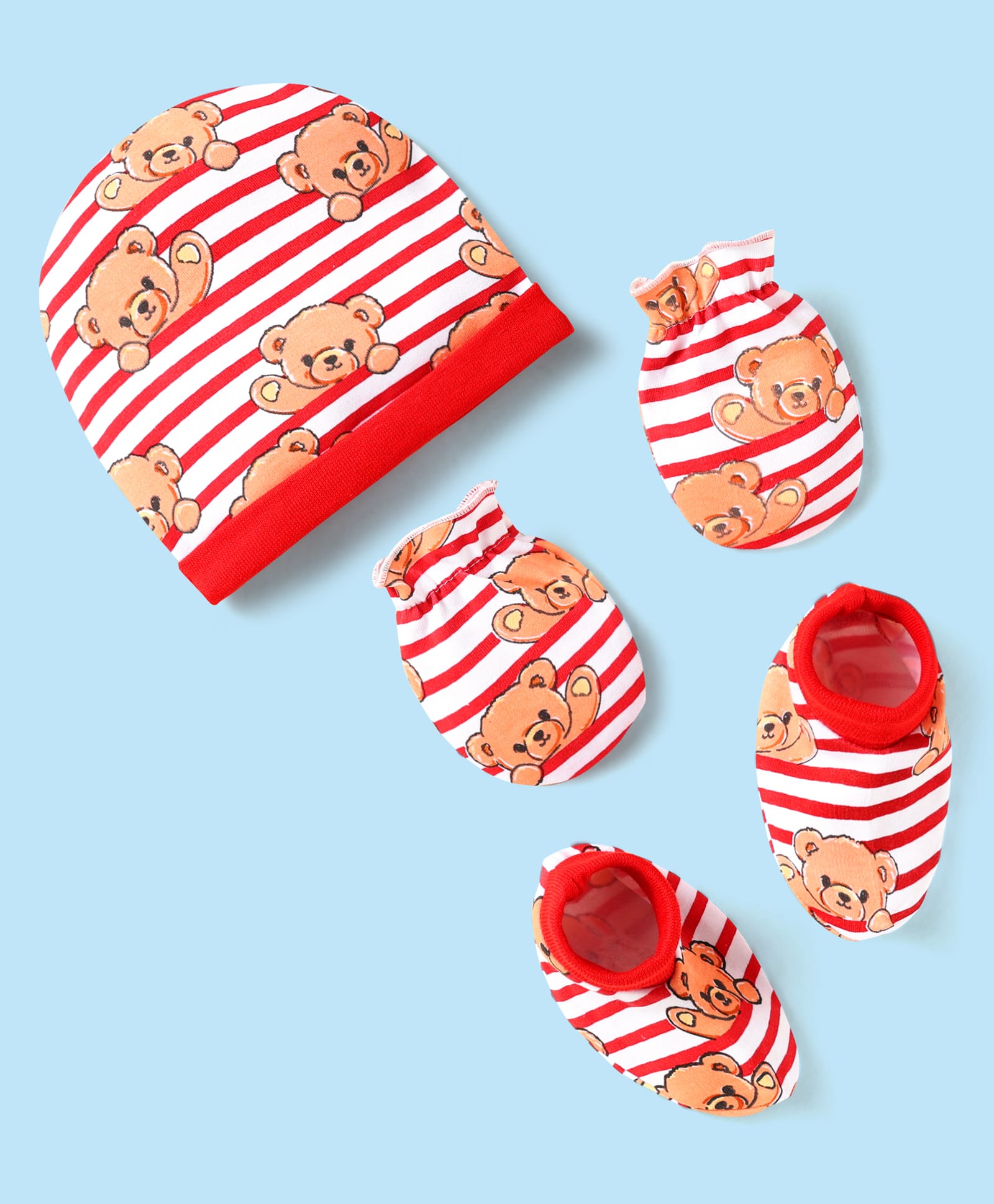 Babyhug 100% Cotton Interlock Knit Cap Mittens & Booties Set With Stripes & Animal Print Red - Diameter 14 cm