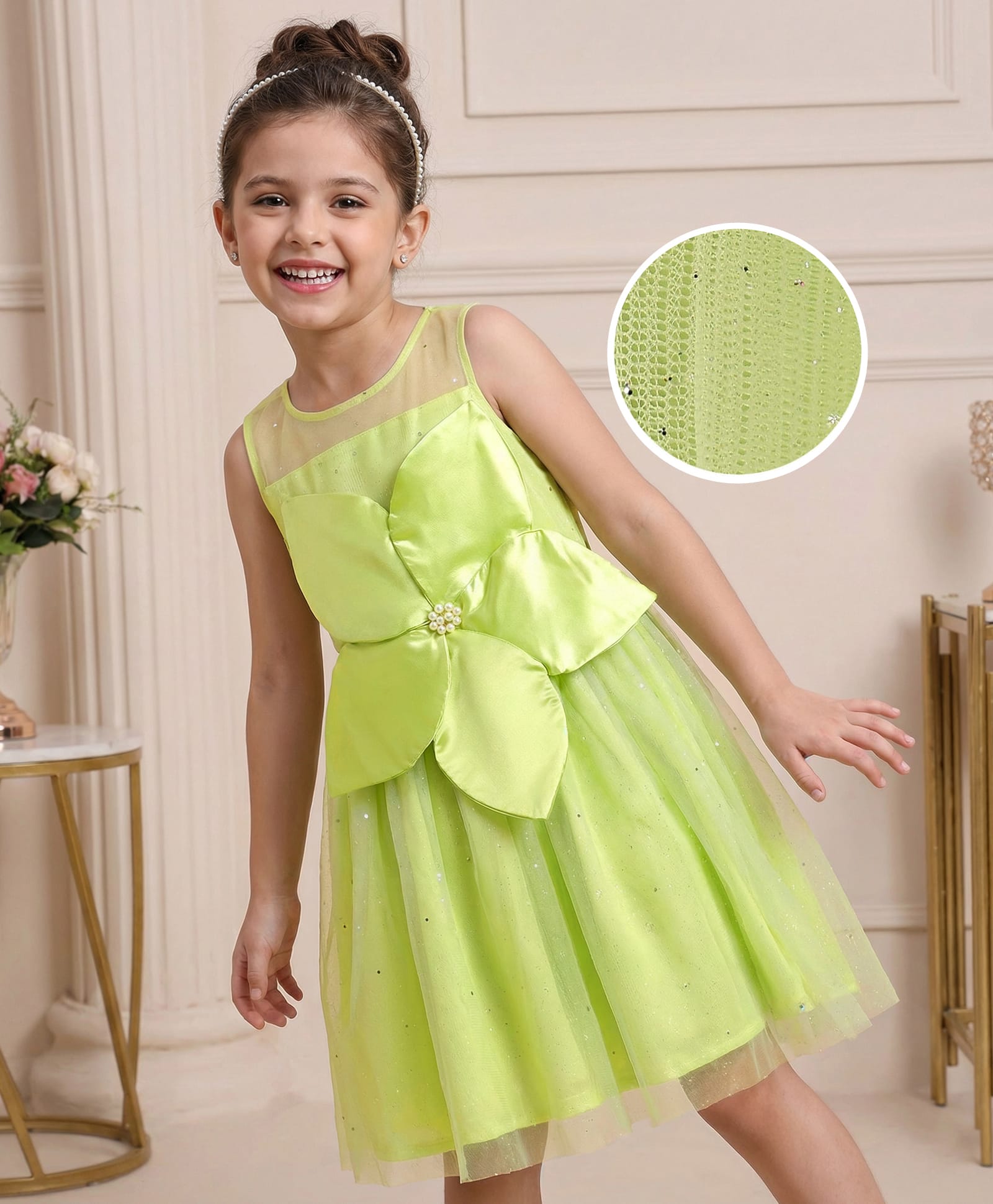 Hola Bonita Woven Sleeveless Glitter Mesh Party Dress With Floral Applique - Lime Green-picture-15