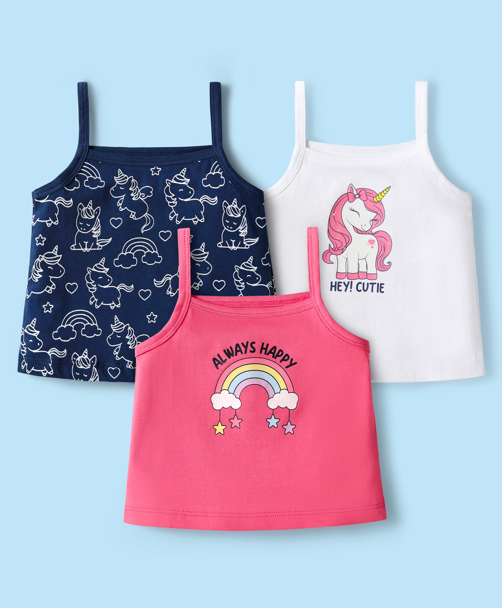 Doodle Poodle 100% Cotton Knit Sleeveless Slips with Unicorn & Rainbow Print Pack of 3 - Navy Blue & Pink-picture-13
