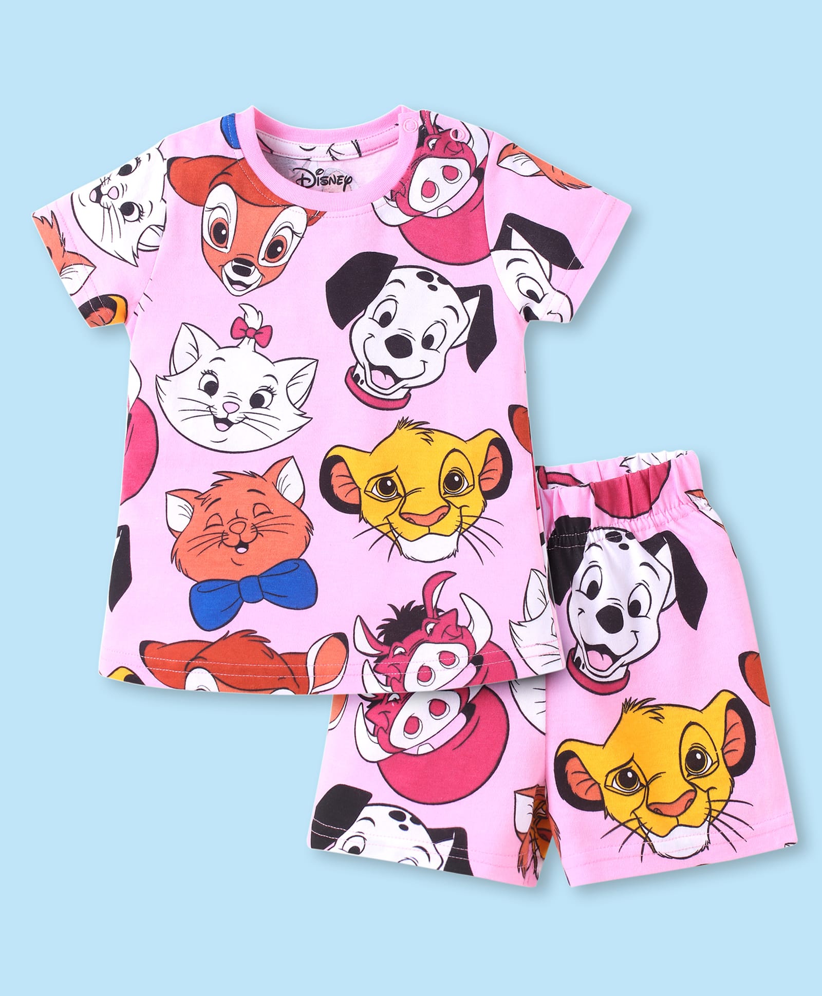 Babyhug Disney Single Jersey Knit Half Sleeves Co-ords Shorts Night Suit with Disney Character Graphics - Light Pink-image-35