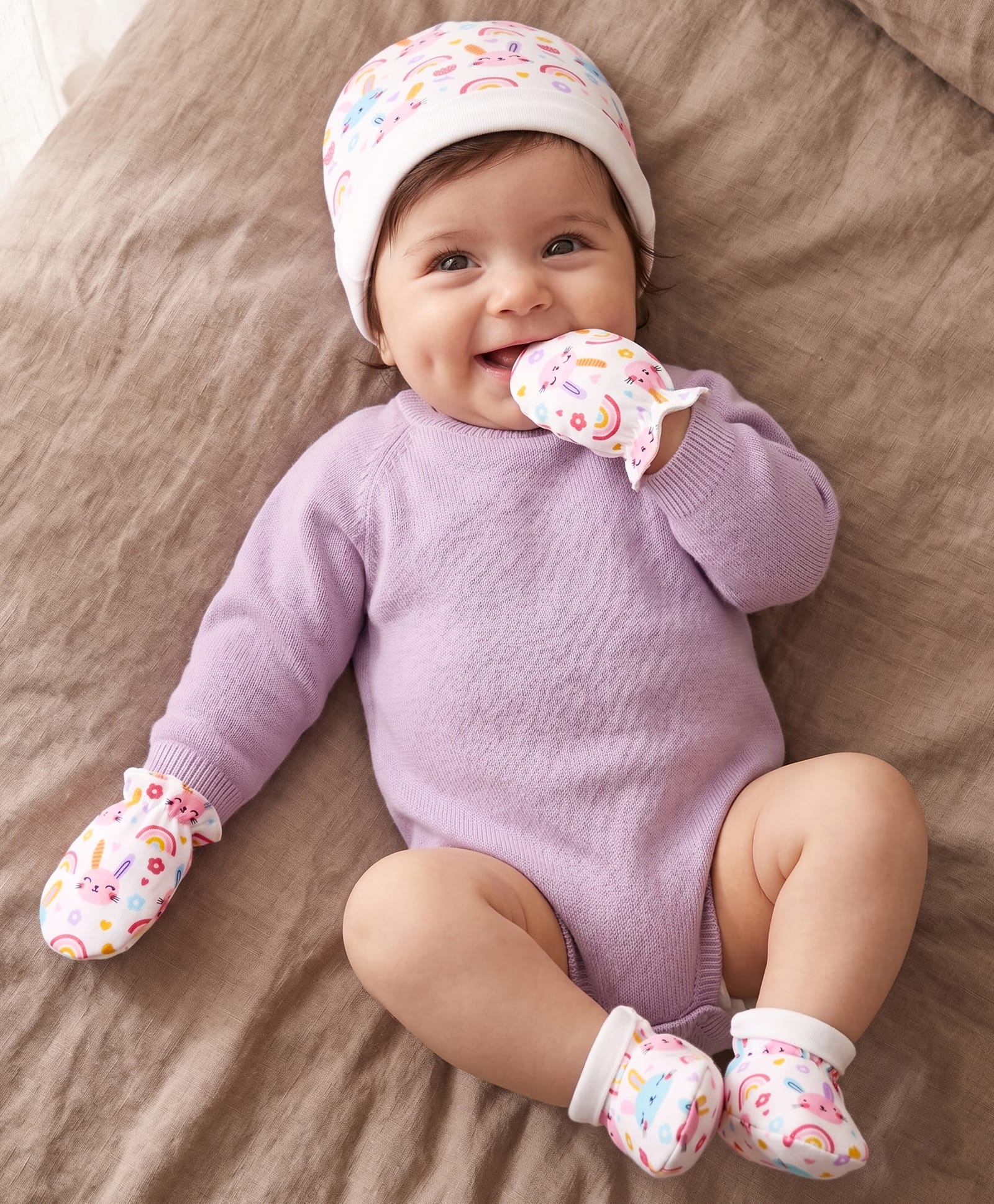 Babyhug 100% Cotton Knit Cap Mittens & Booties With Animal & Floral Print - White-picture-18