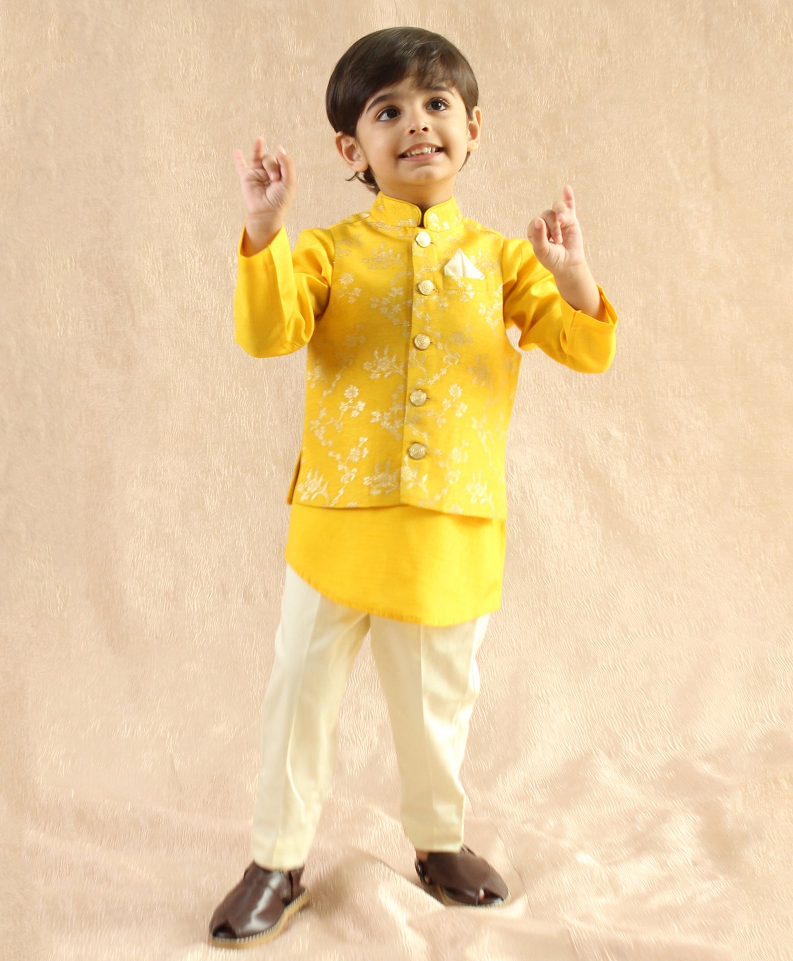 Tiber Taber Brocade Full Sleeves Kurta Pant With Floral Foil Printed Jacket Set - Yellow-image-23