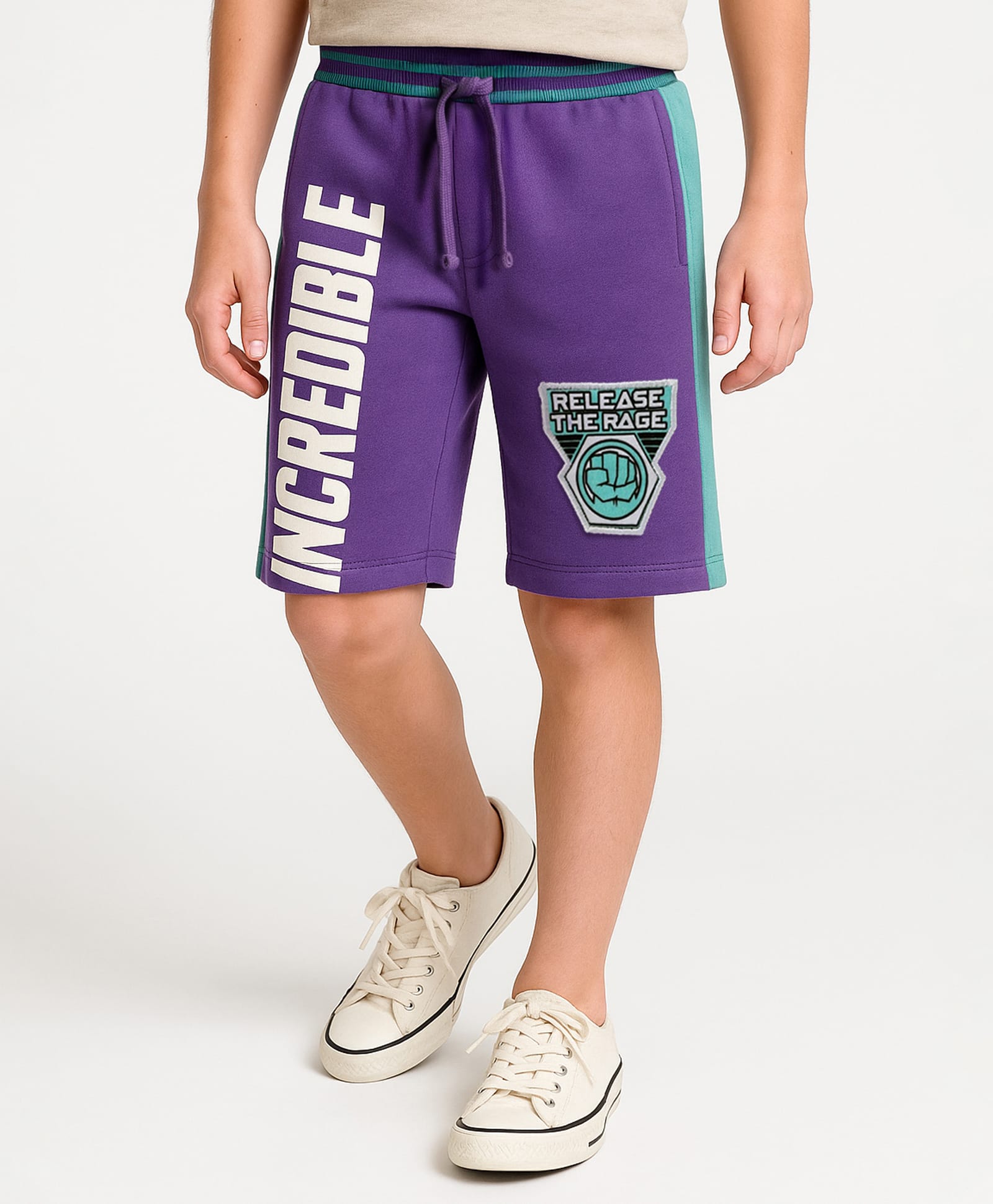 Pine Kids Marvel Terry Knit Knee Length Cut And SewShorts With Avengers Hulk Graphics And Badge Detailing - Purple-picture-28