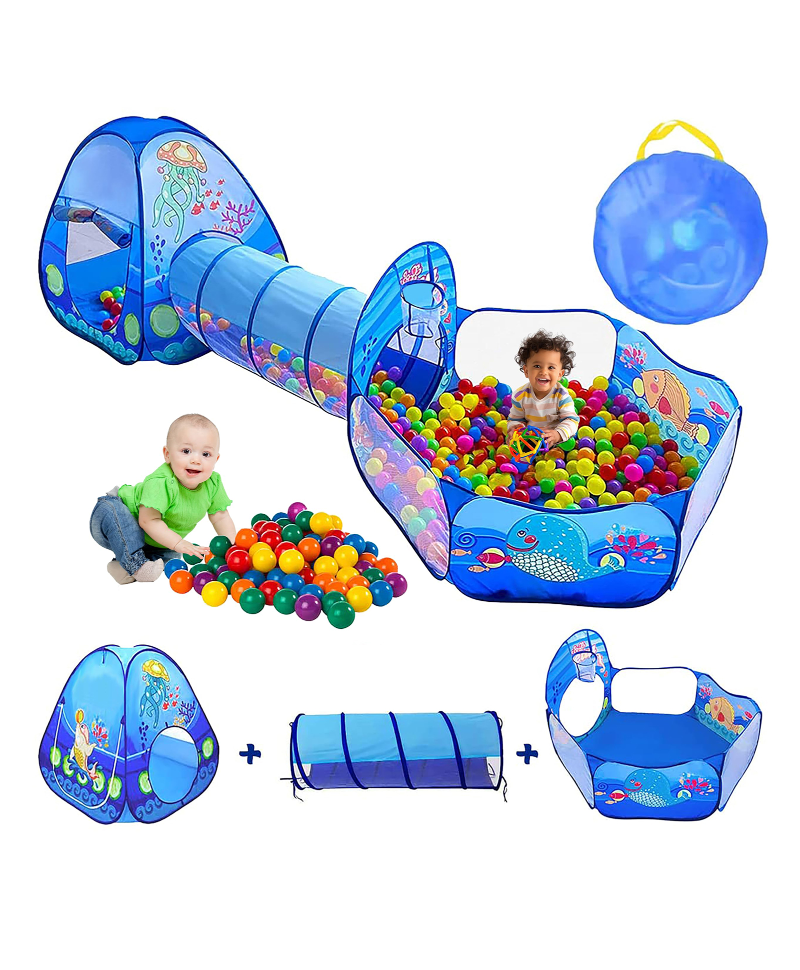 Kidsmate 3-in-1 Ball Pool Tunnel for Kids 1-5 Years | Foldable Pop-Up Tent with Crawling Tunnel, Ball Pit & PlayhouseBlue-image-42