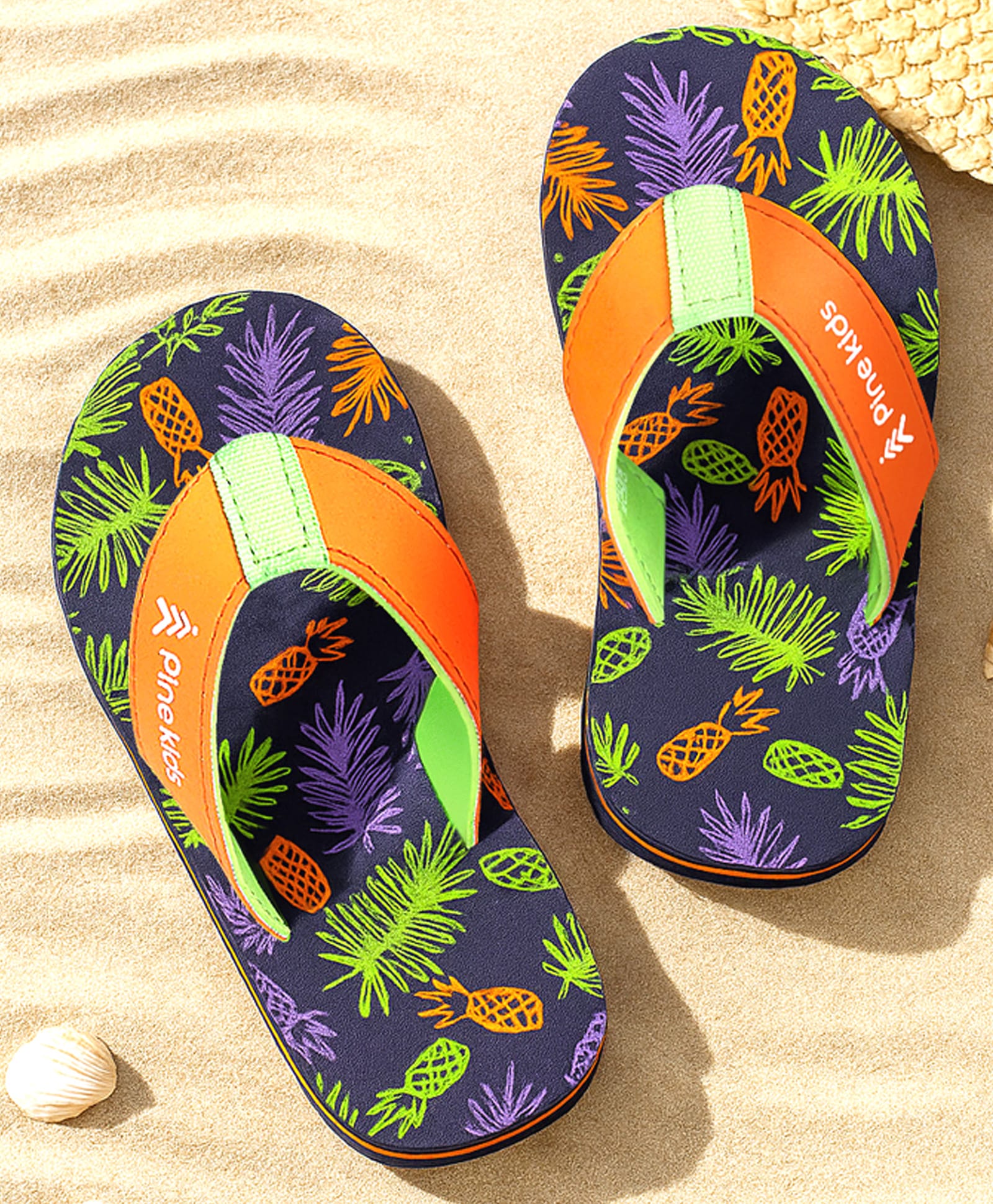 Pine Kids Slip On Flip Flops with Tropical Theme Print - Navy Blue & Green-picture-18