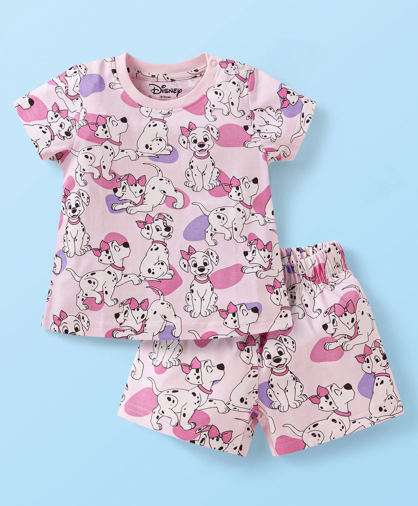 Babyhug Disney Single Jersey Knit Half Sleeves Shorts Night Suit with 101 Dalmatian Print - Pink-image-34
