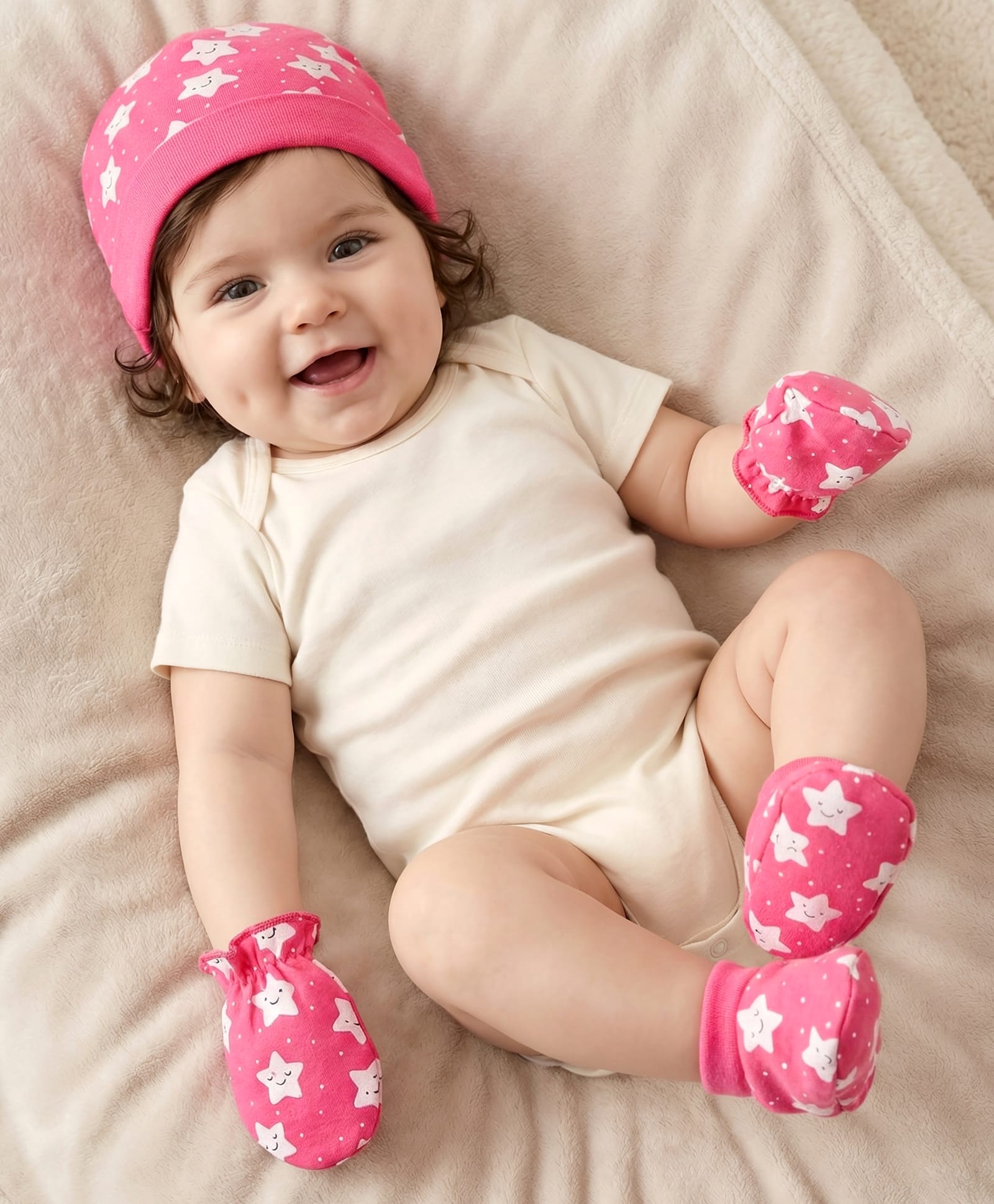 Babyhug 100% Cotton Knit Cap Mittens & Booties With Star & Polka Dot Print - Dark Pink-image-27