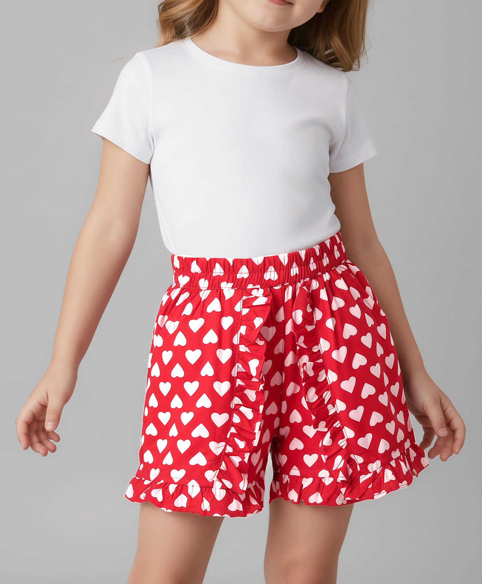 Mark & Mia Woven Knee Length Shorts With Pocket Heart Print & Frill Detailing - Red-image-46